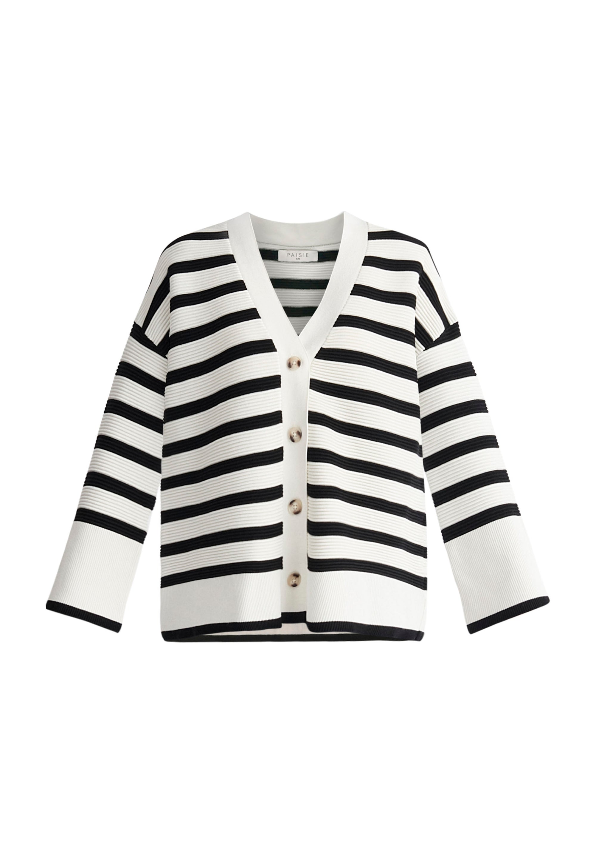 Paisie Striped Ribbed Cardigan in Black and White Cut Out