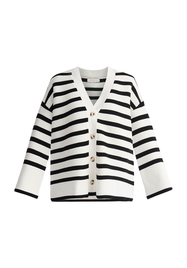 Paisie Striped Ribbed Cardigan in Black and White Cut Out
