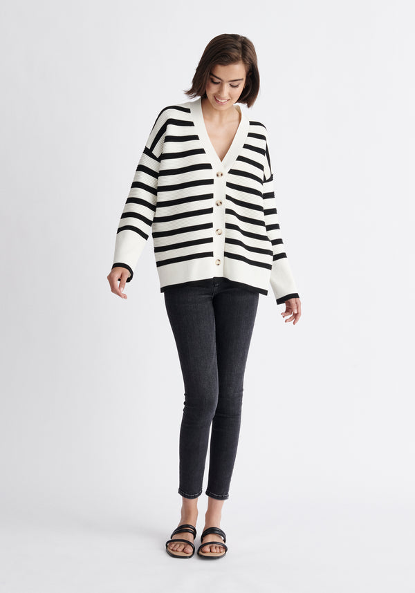 Paisie Striped Ribbed Cardigan in Black and White