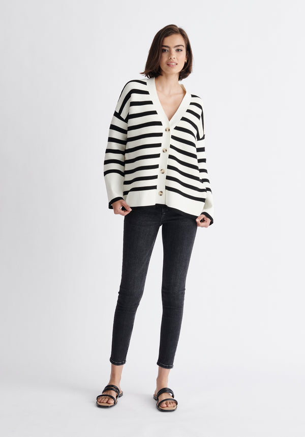 Paisie Striped Ribbed Cardigan in Black and White