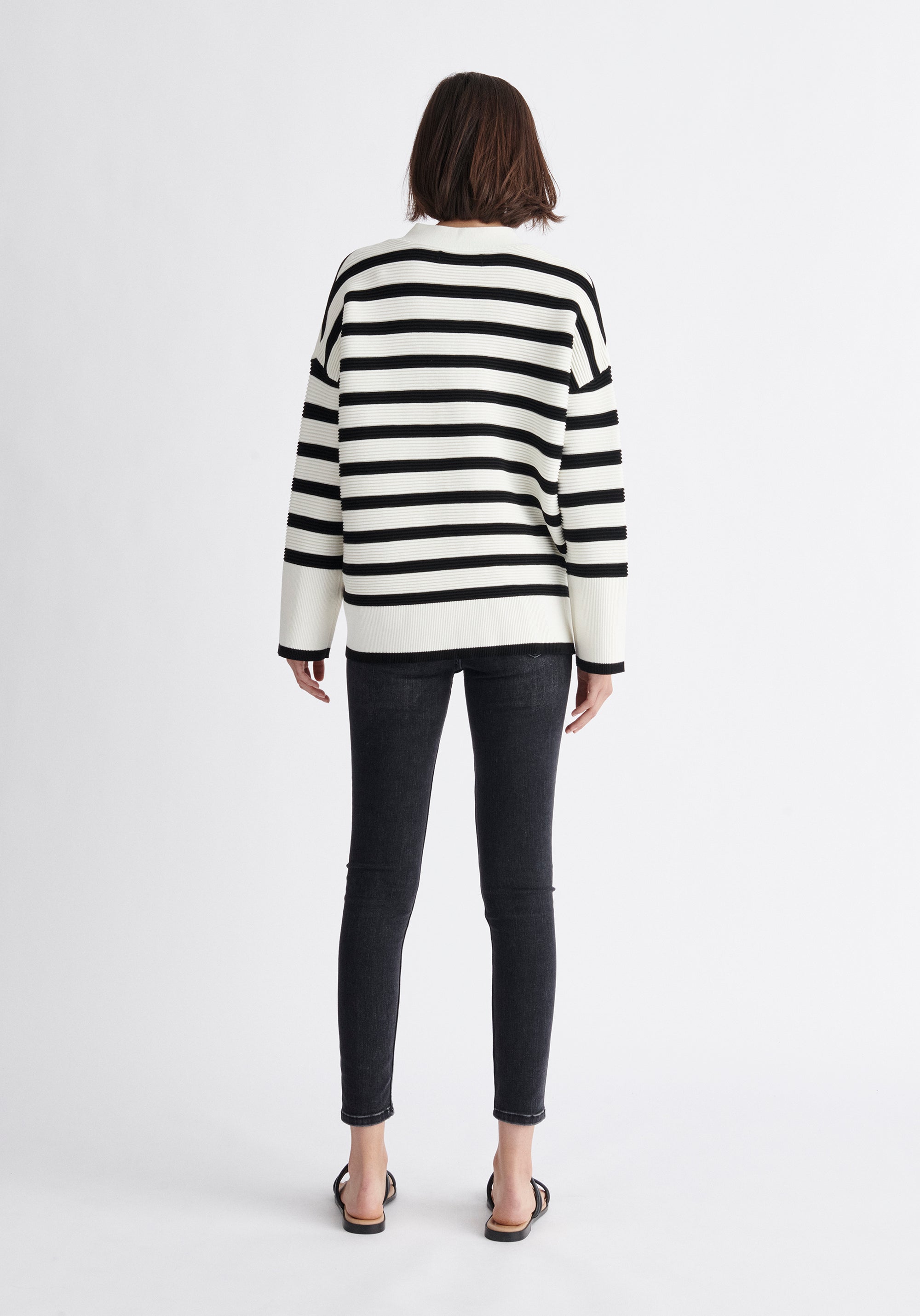 Paisie Striped Ribbed Cardigan in Black and White Back