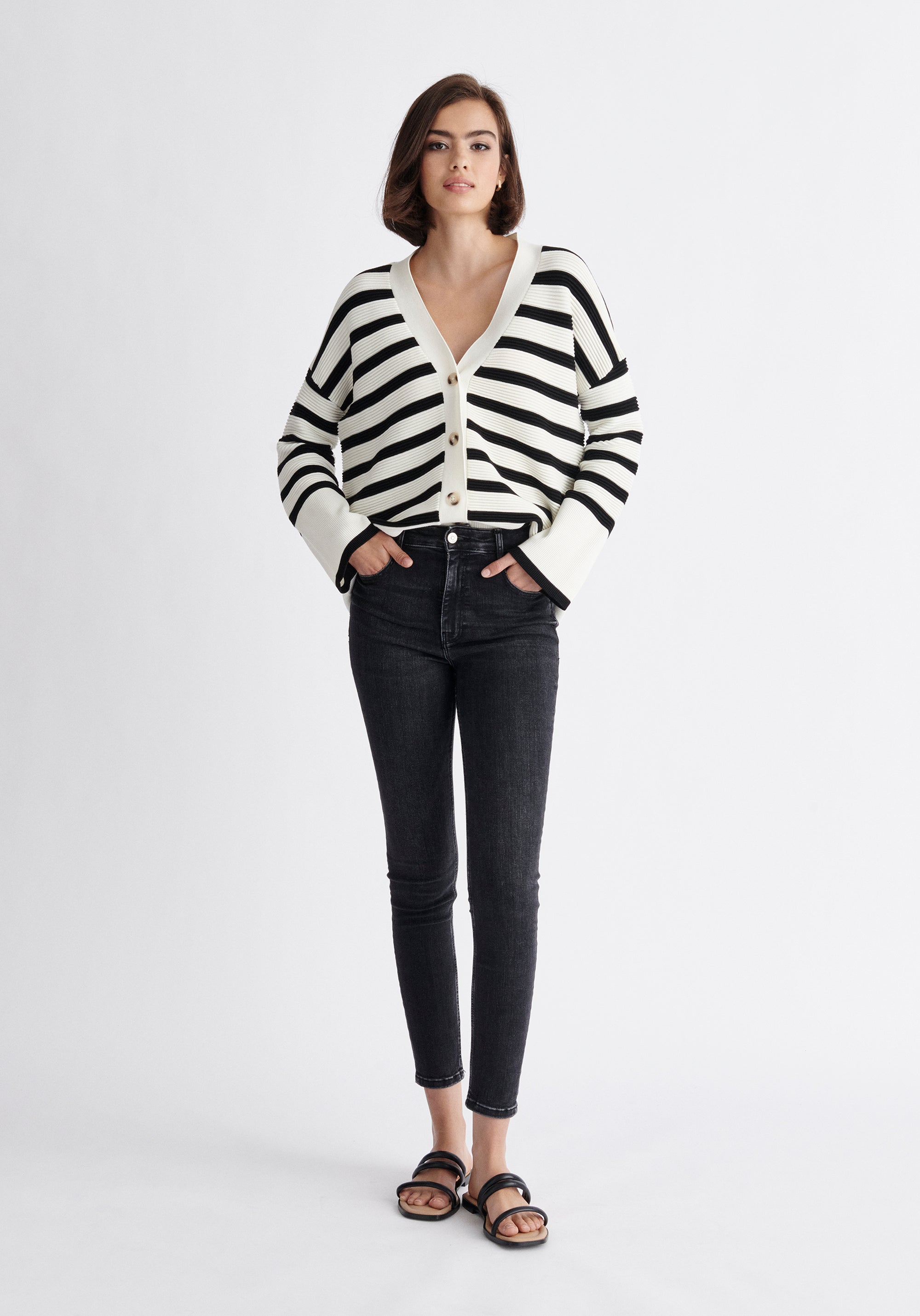 Paisie Striped Ribbed Cardigan in Black and White