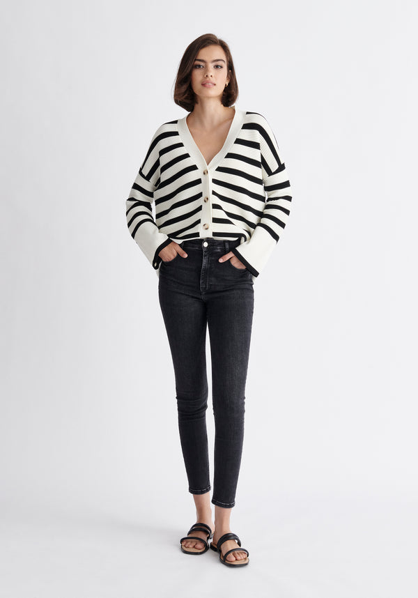Paisie Striped Ribbed Cardigan in Black and White