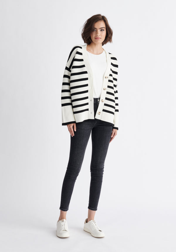 Paisie Striped Ribbed Cardigan in Black and White