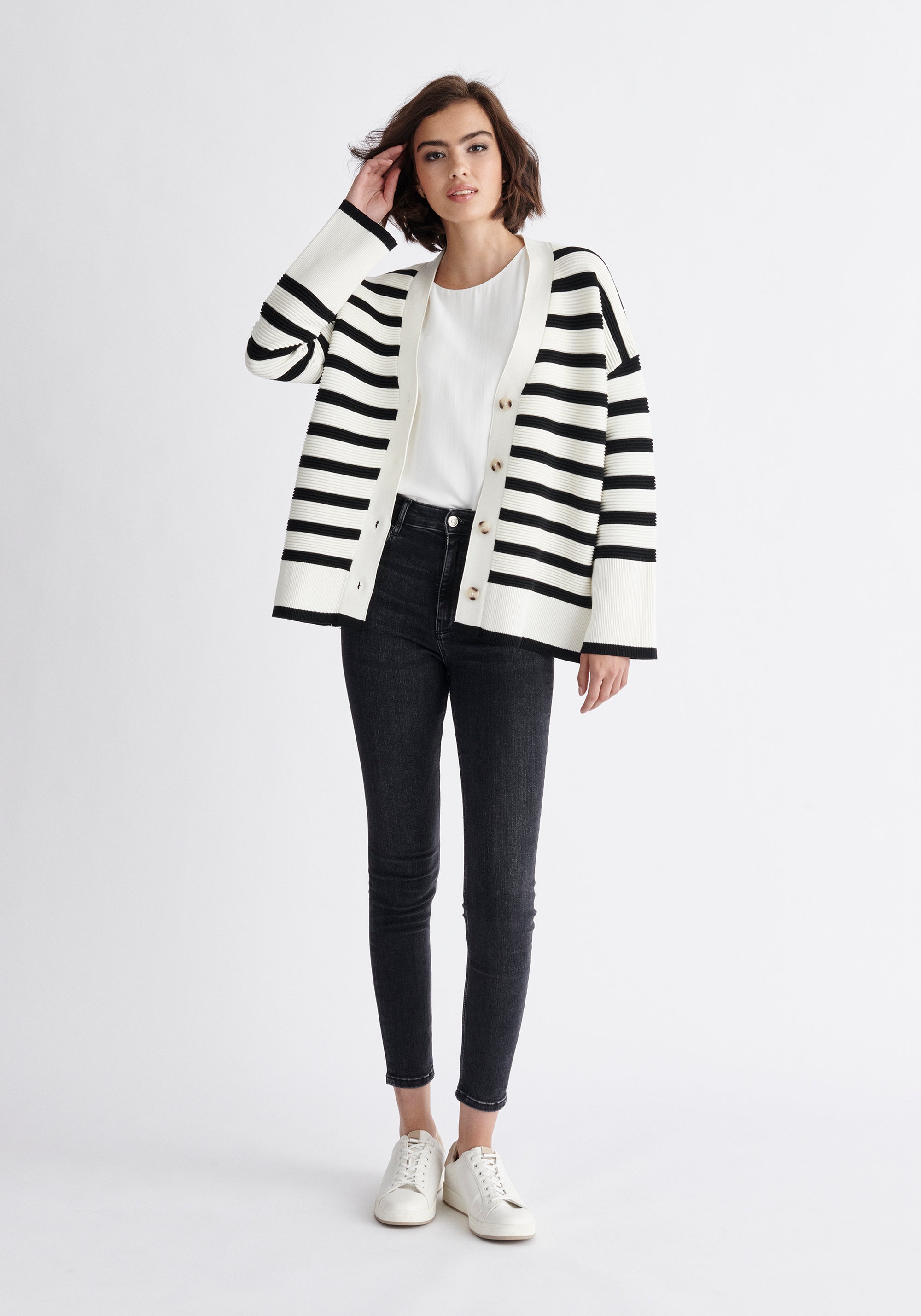Paisie Striped Ribbed Cardigan in Black and White