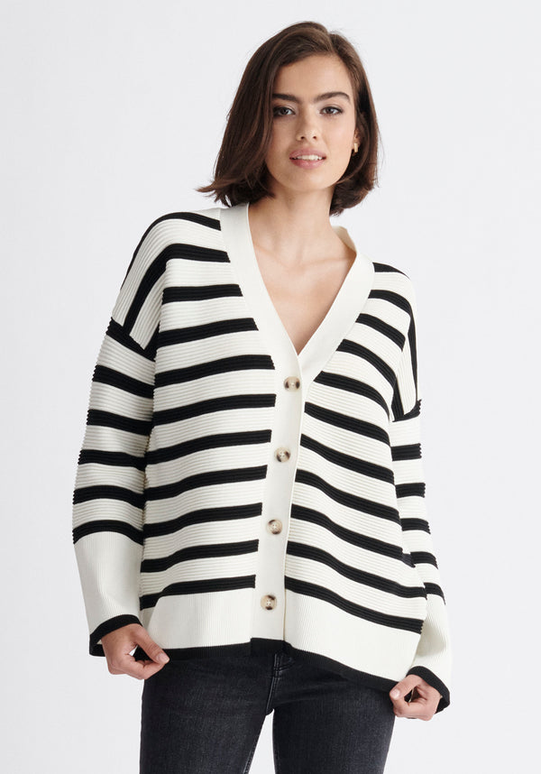 Paisie Striped Ribbed Cardigan in Black and White