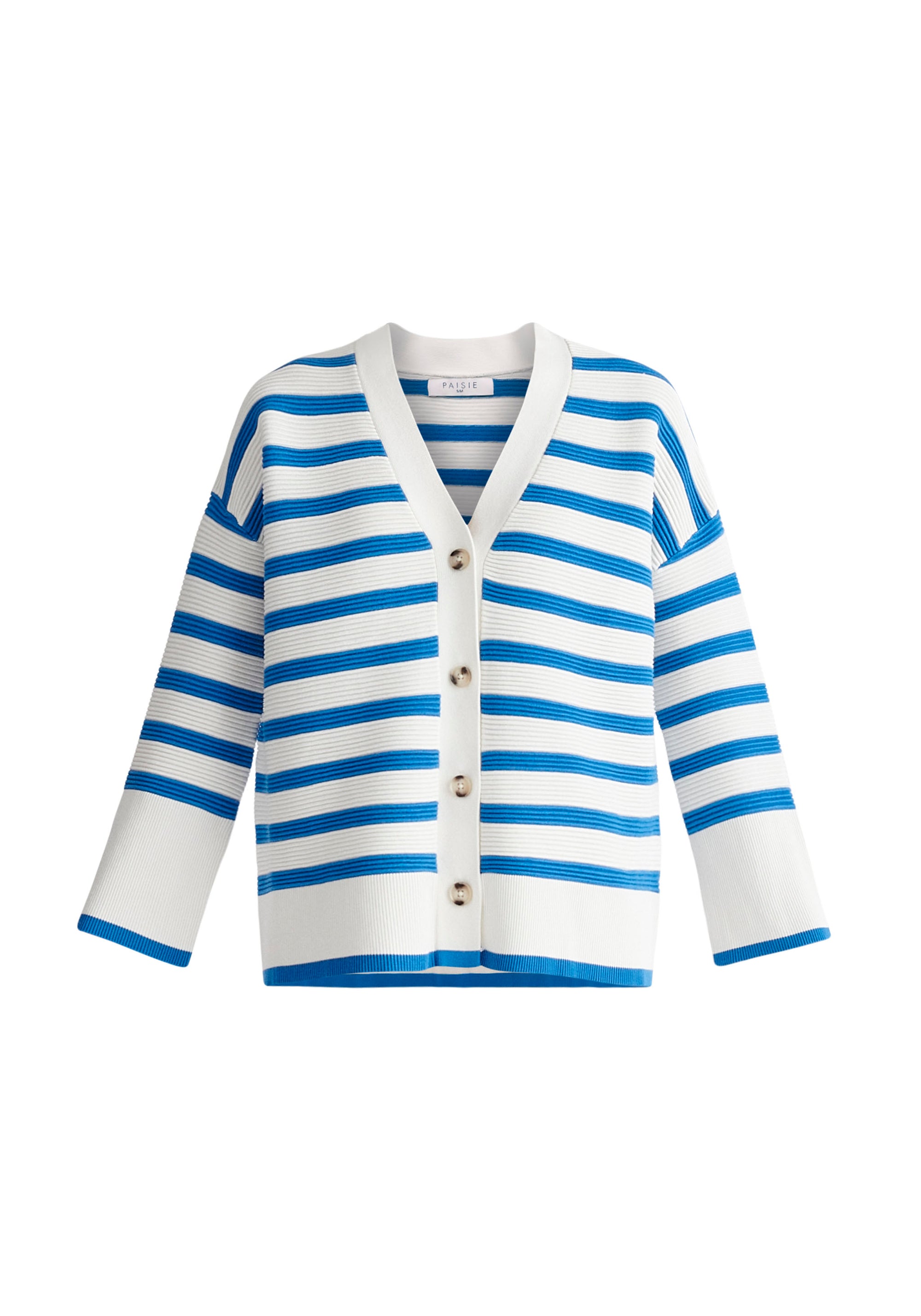 Paisie Striped Ribbed Cardigan in Blue and White Cut Out