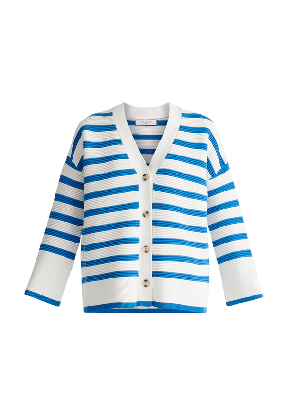 Paisie Striped Ribbed Cardigan in Blue and White Cut Out