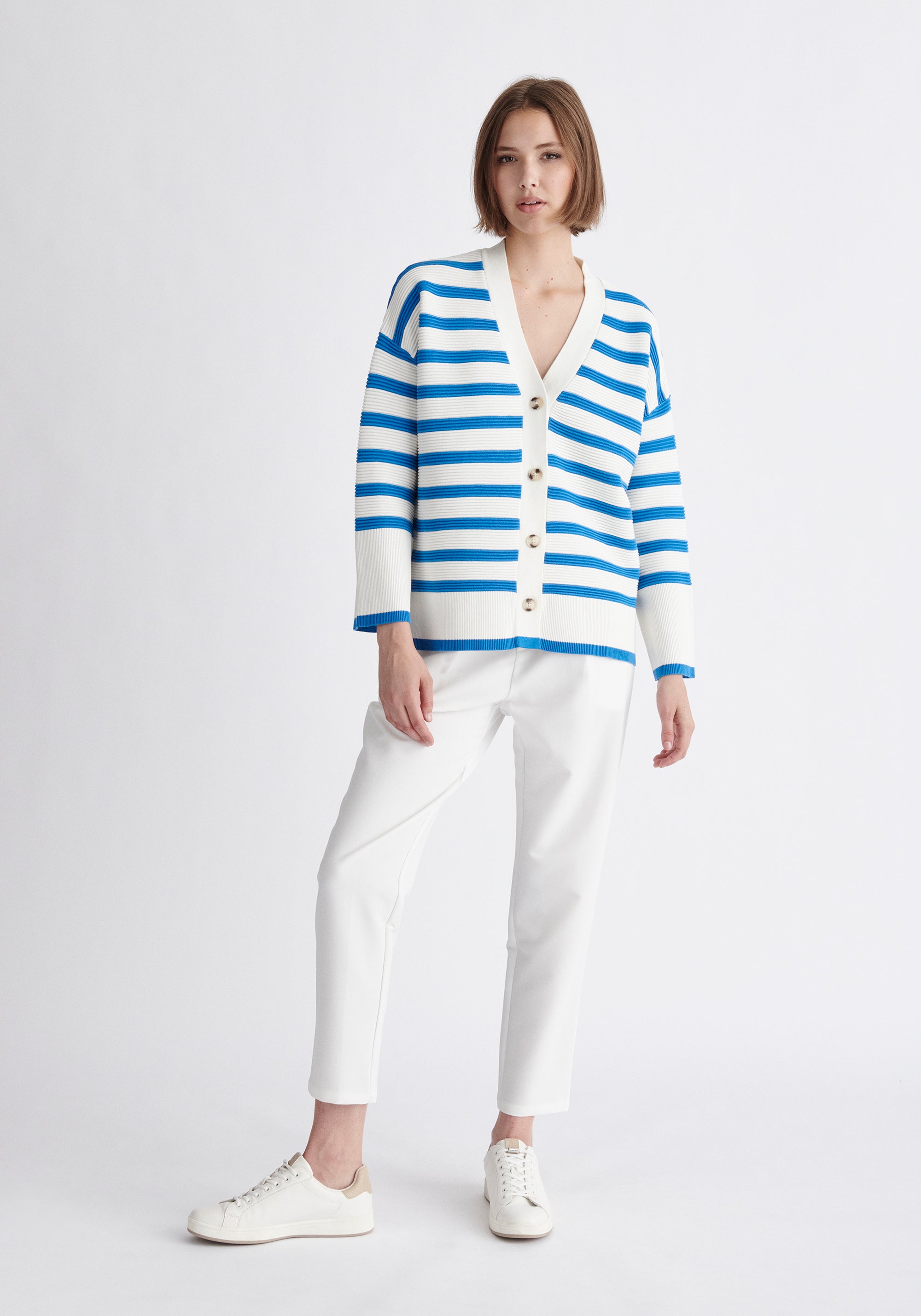 Paisie Striped Ribbed Cardigan in Blue and White