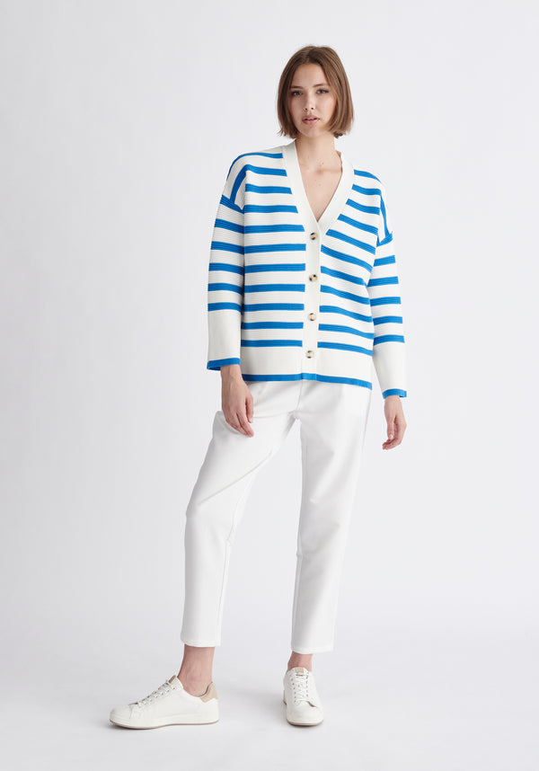 Paisie Striped Ribbed Cardigan in Blue and White