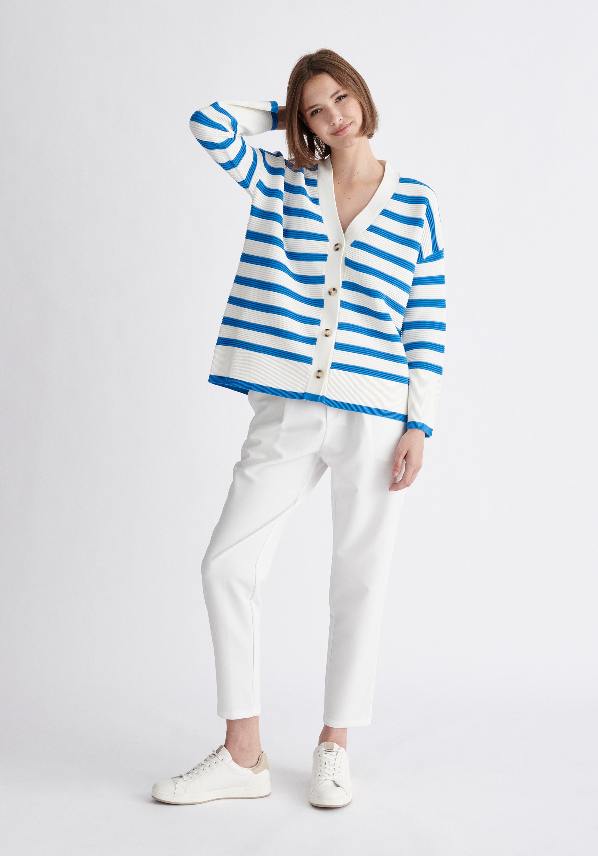 Paisie Striped Ribbed Cardigan in Blue and White