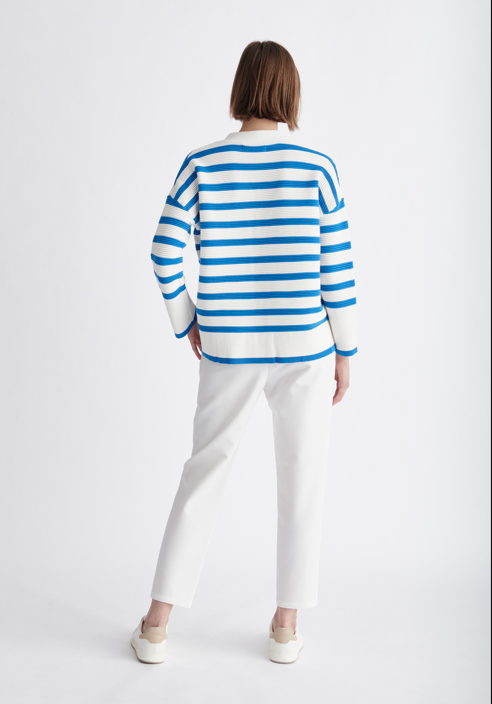 Paisie Striped Ribbed Cardigan in Blue and White Back