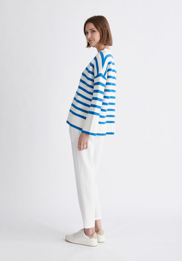 Paisie Striped Ribbed Cardigan in Blue and White Side