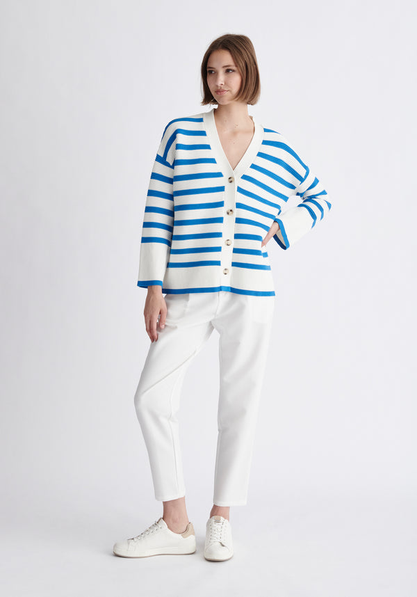 Paisie Striped Ribbed Cardigan in Blue and White