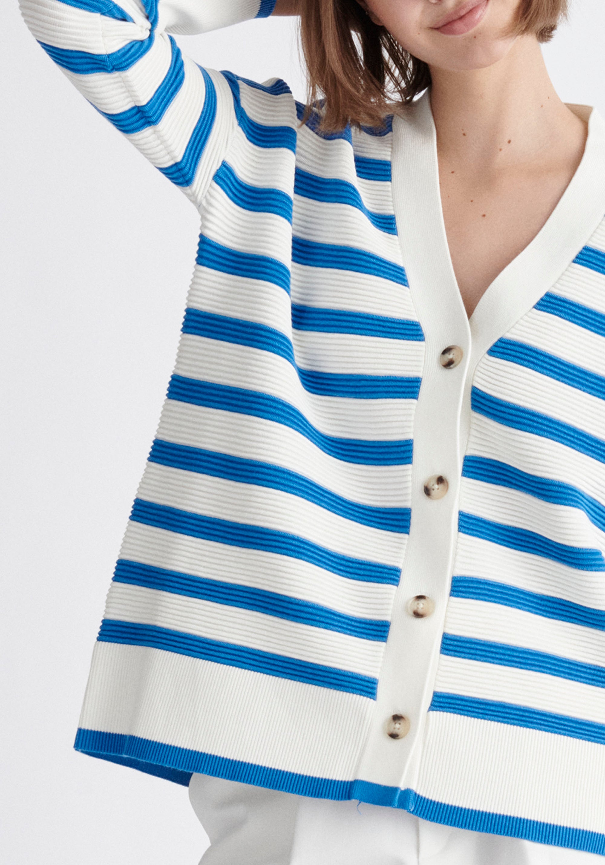 Paisie Striped Ribbed Cardigan in Blue and White Close Up