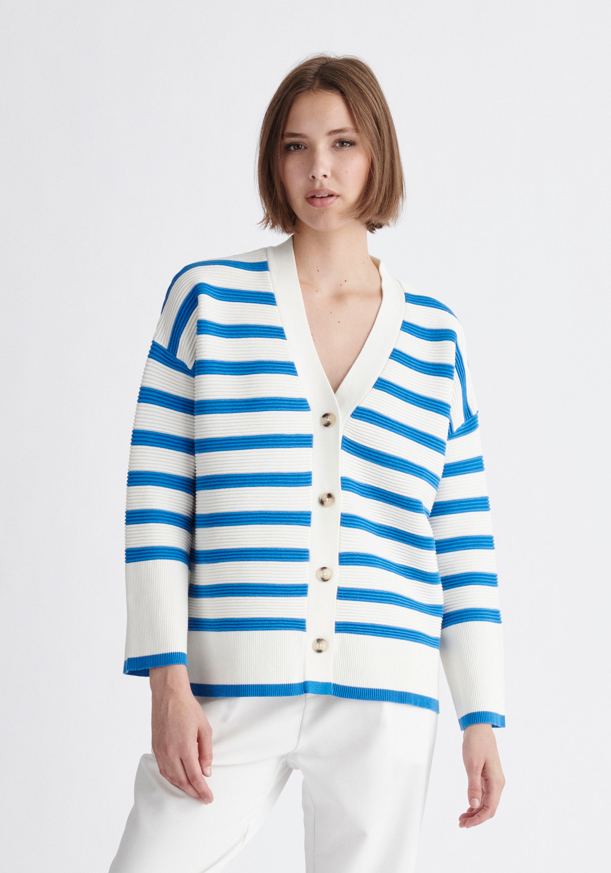 Paisie Striped Ribbed Cardigan in Blue and White
