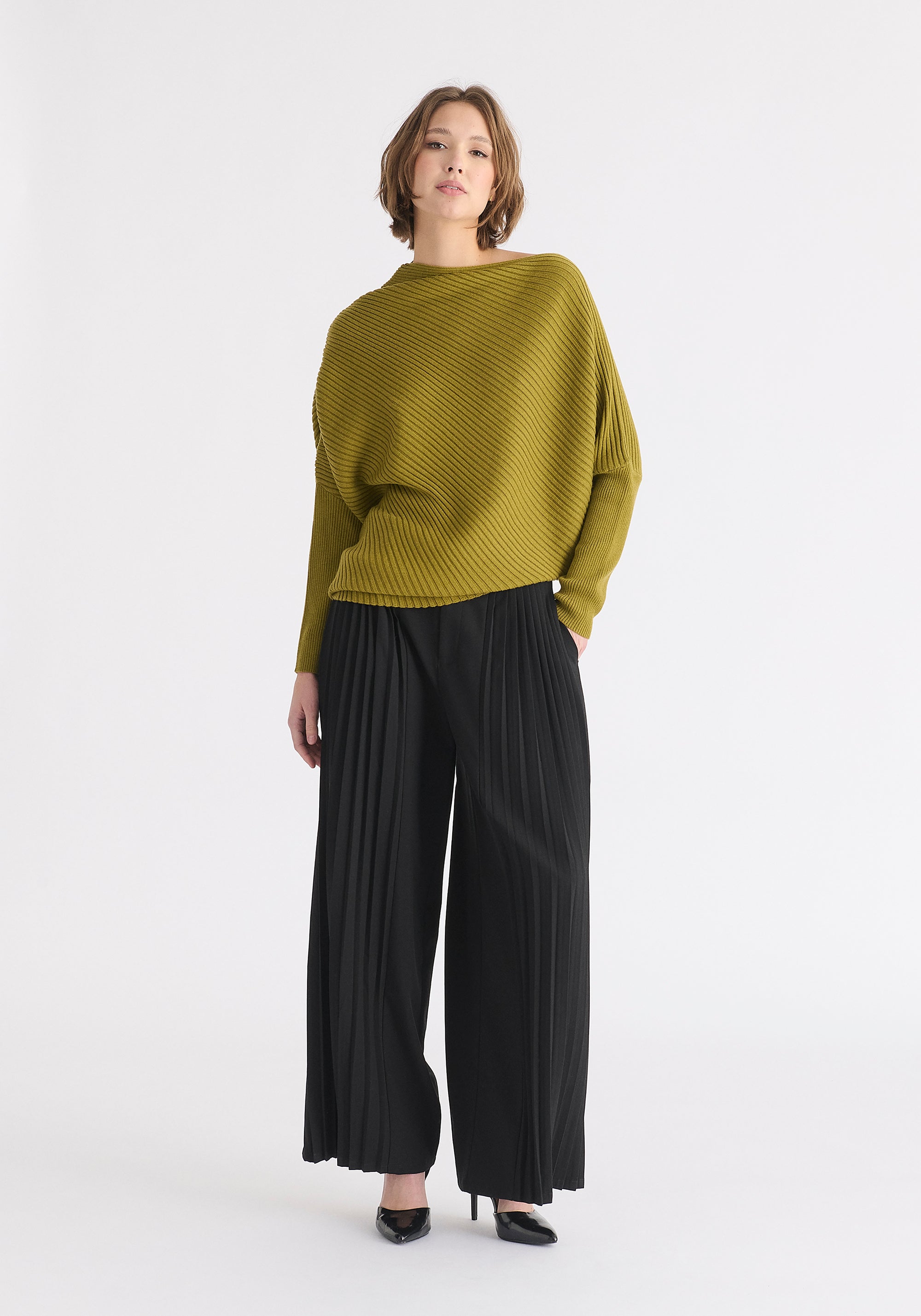 Draped Knitted Jumper in Olive Front