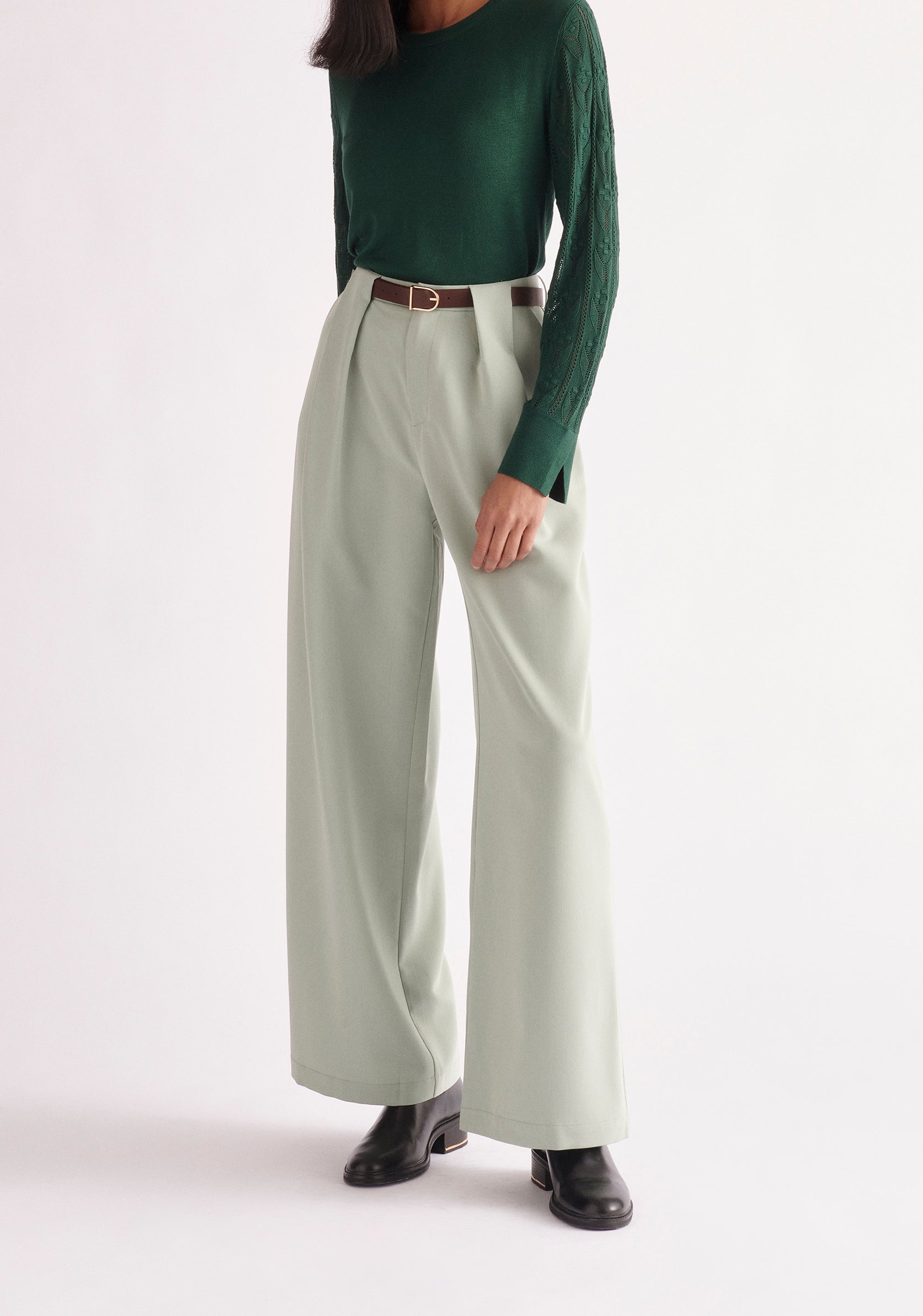 Paisie Pointelle Sleeve Knitted Top in Dark Green