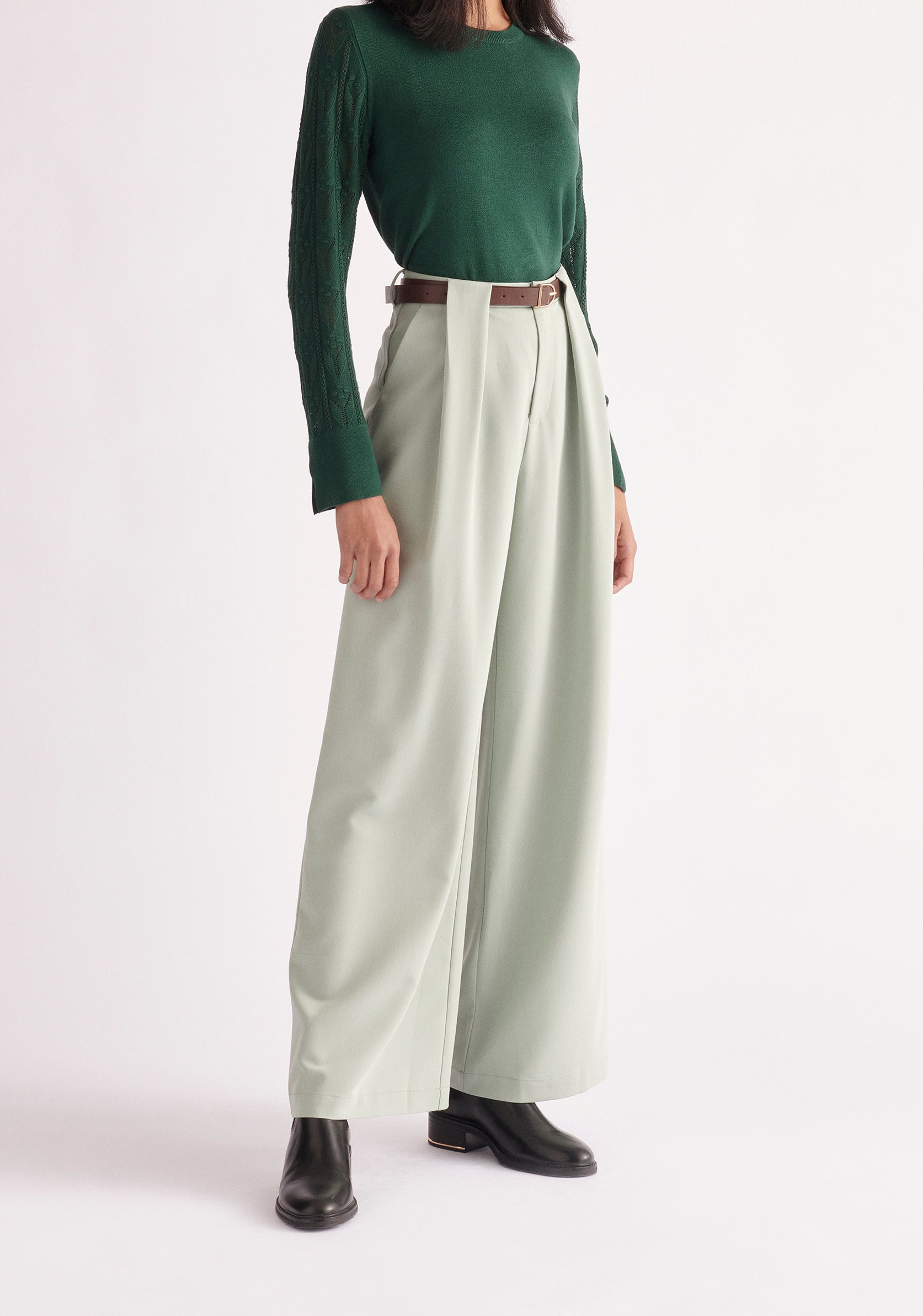 Paisie Pointelle Sleeve Knitted Top in Dark Green
