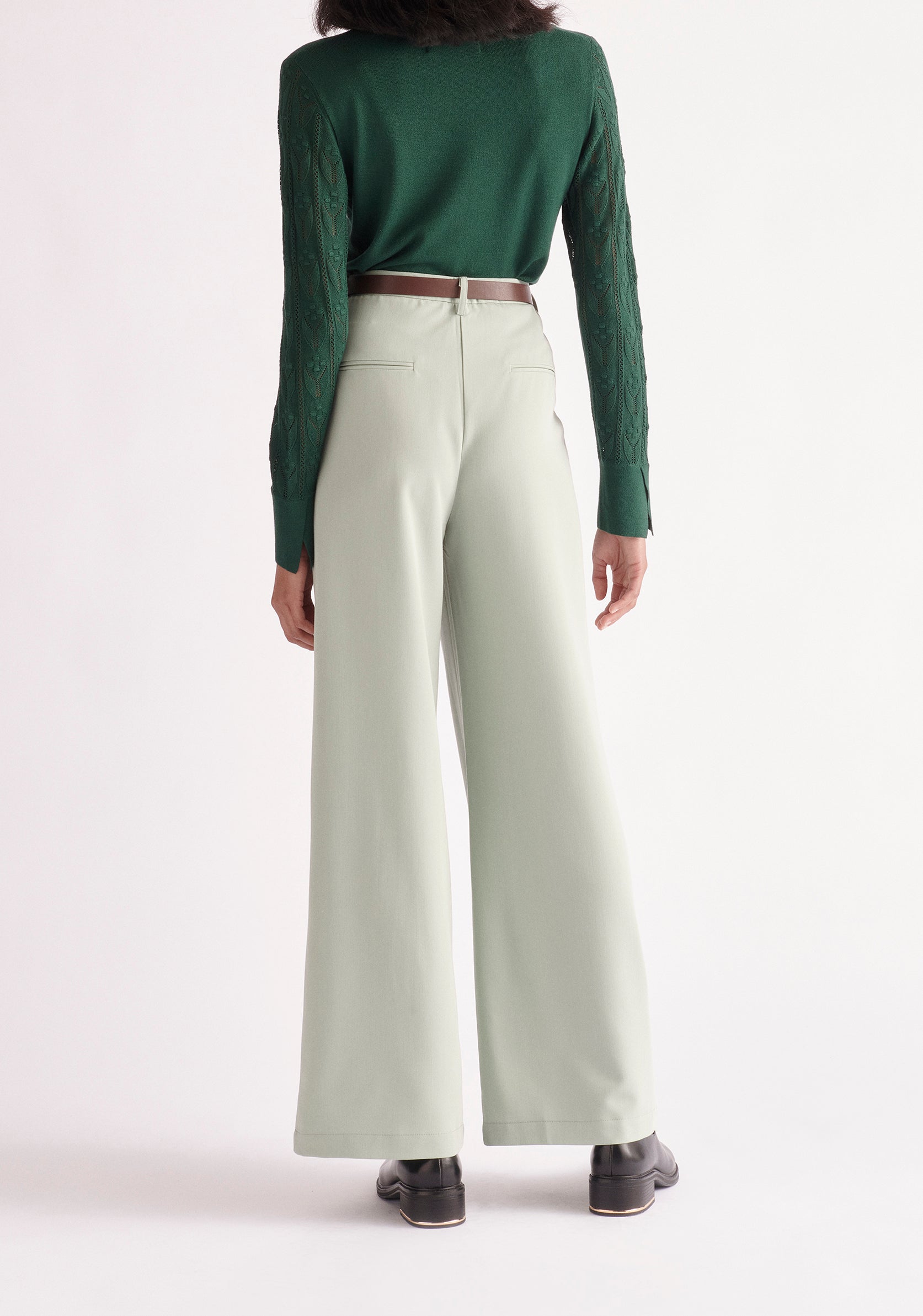 Paisie Pointelle Sleeve Knitted Top in Dark Green Back