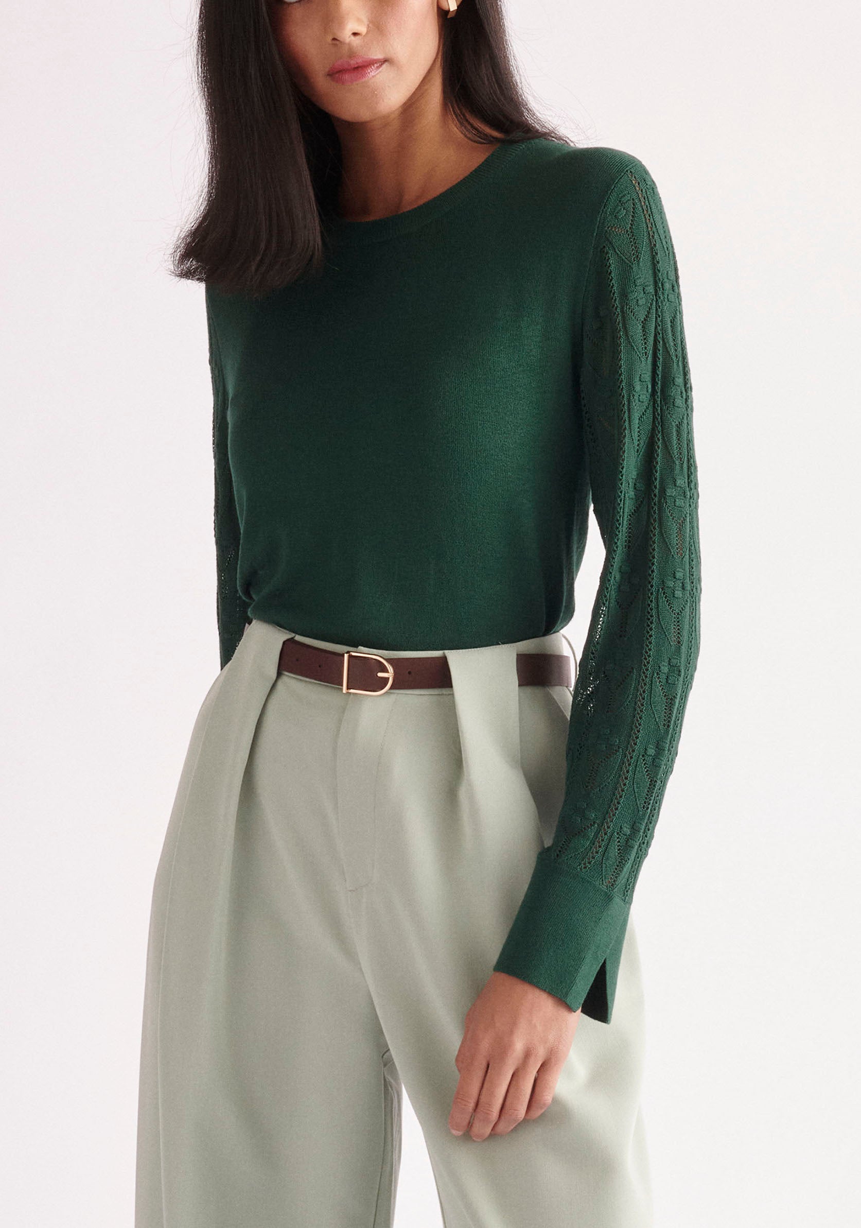 Paisie Pointelle Sleeve Knitted Top in Dark Green