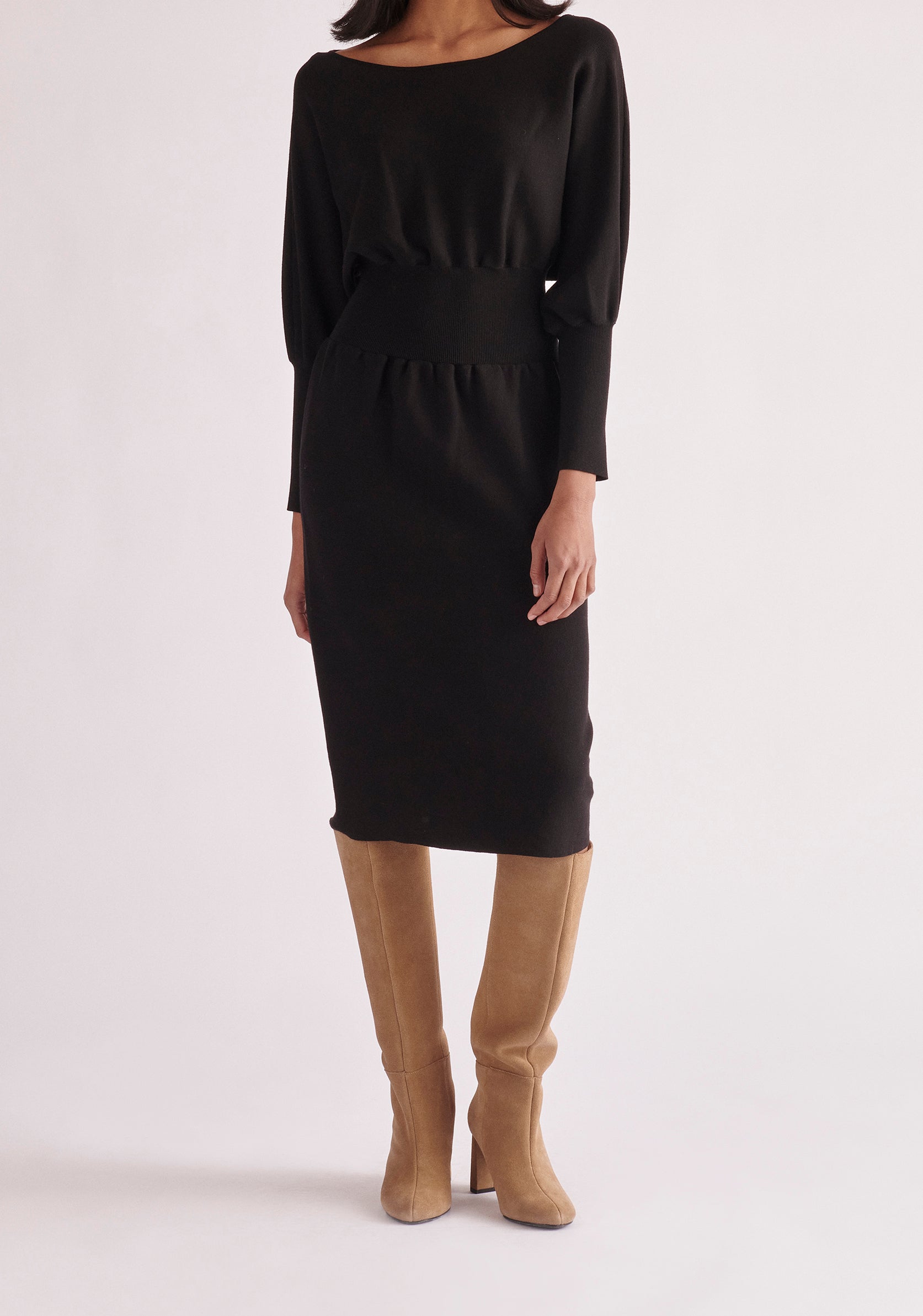 Paisie Balloon Sleeve Knitted Dress in Black