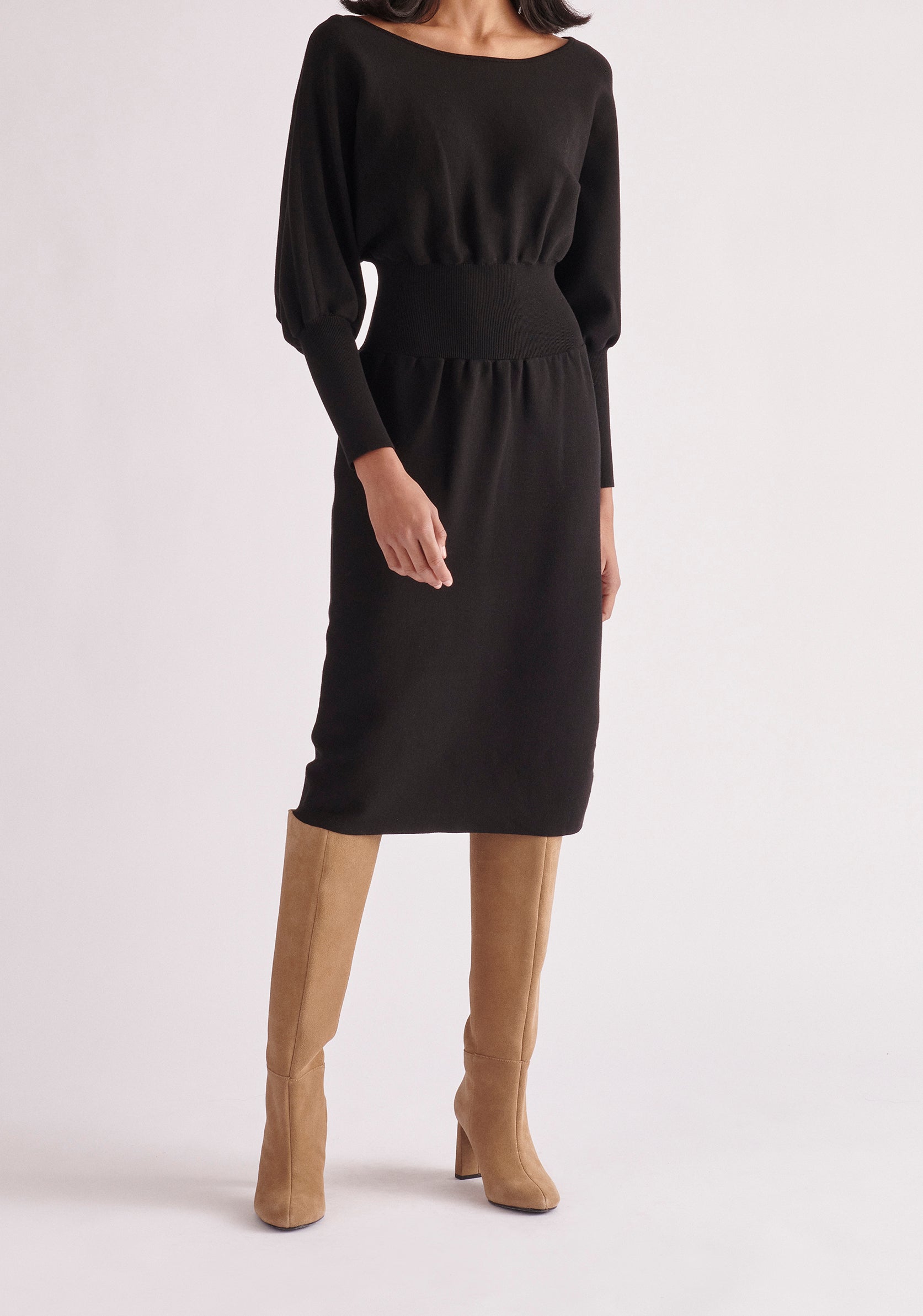 Paisie Balloon Sleeve Knitted Dress in Black