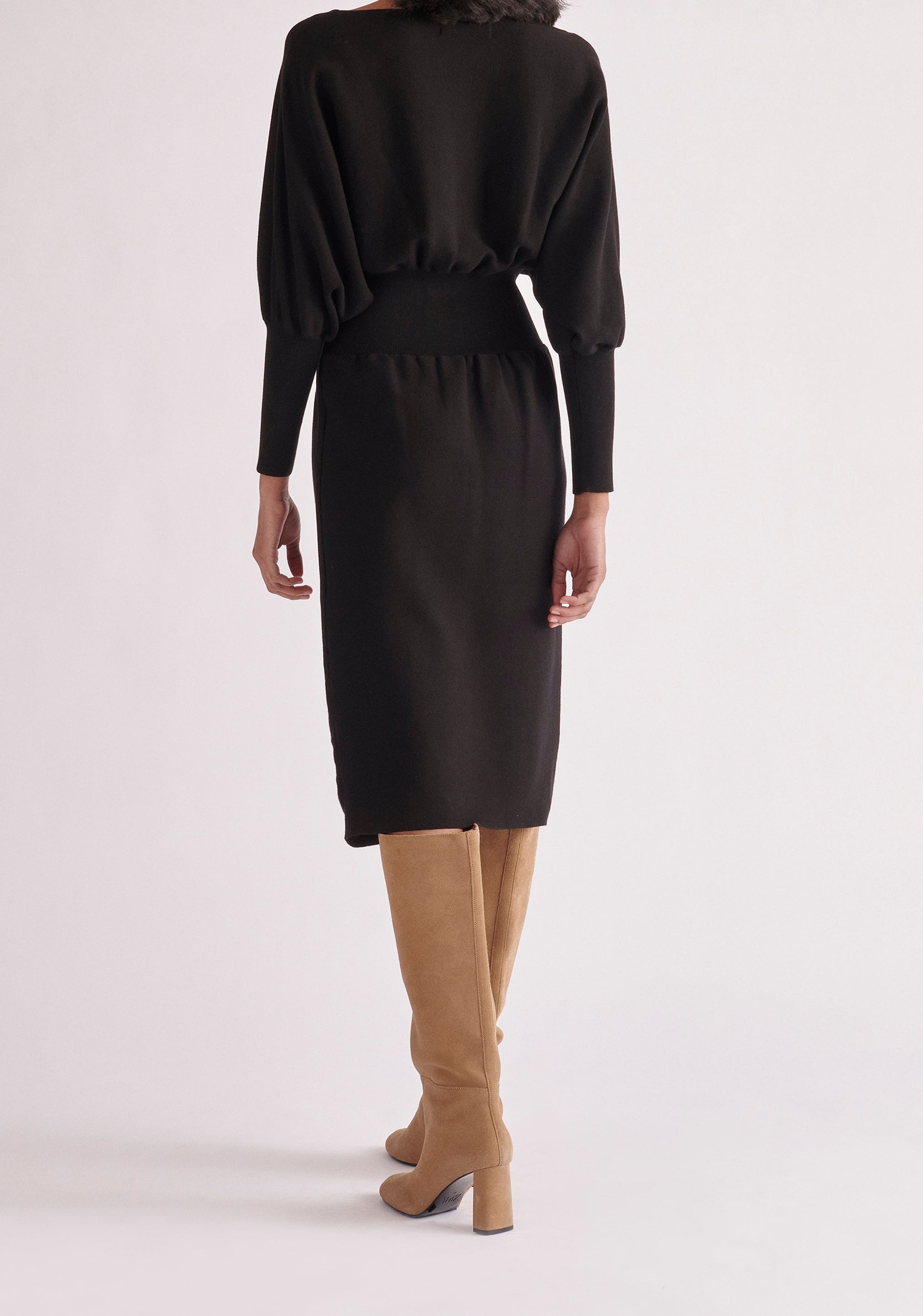 Paisie Balloon Sleeve Knitted Dress in Black Back