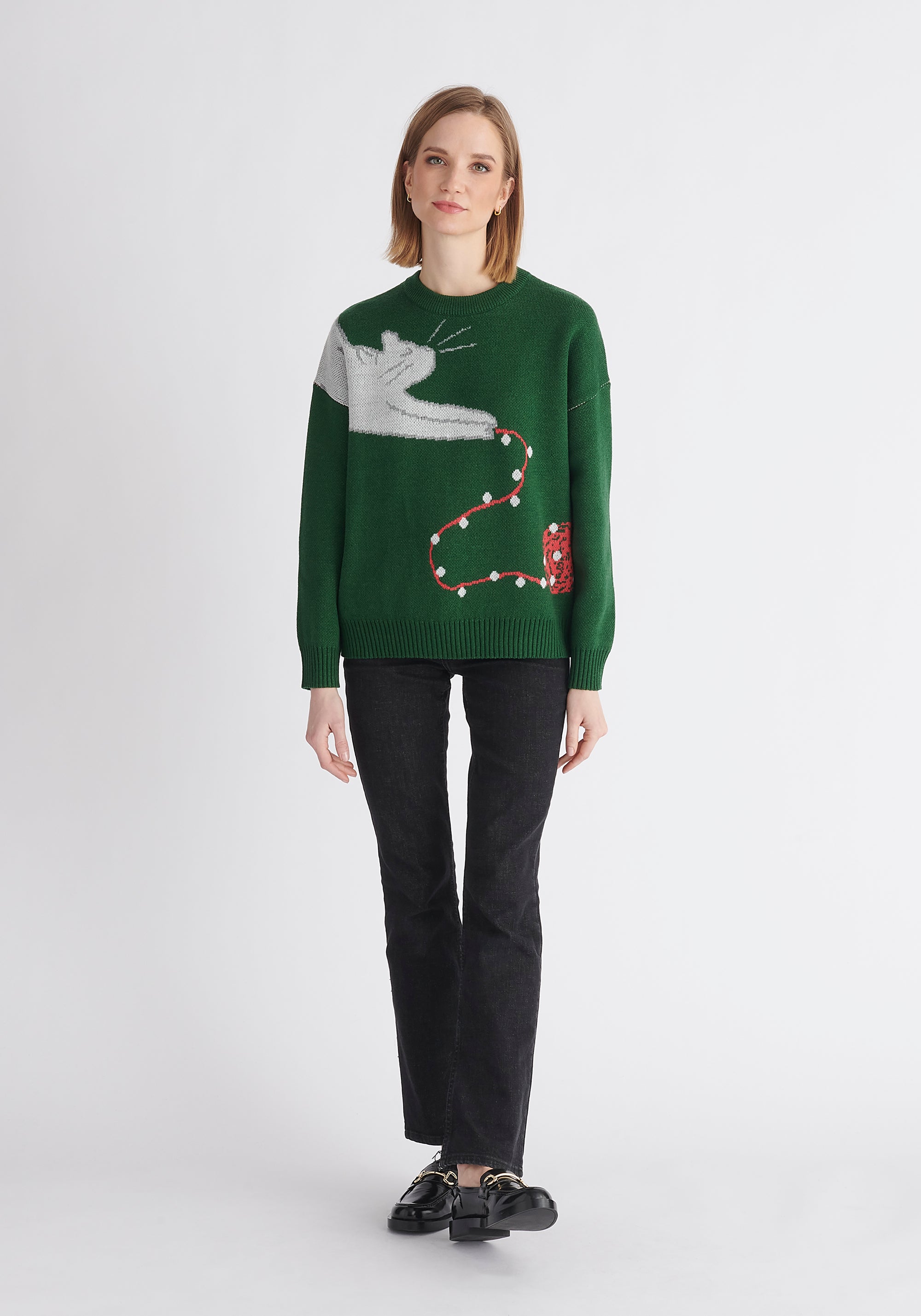 Paisie Christmas Cat Jumper in Dark Green
