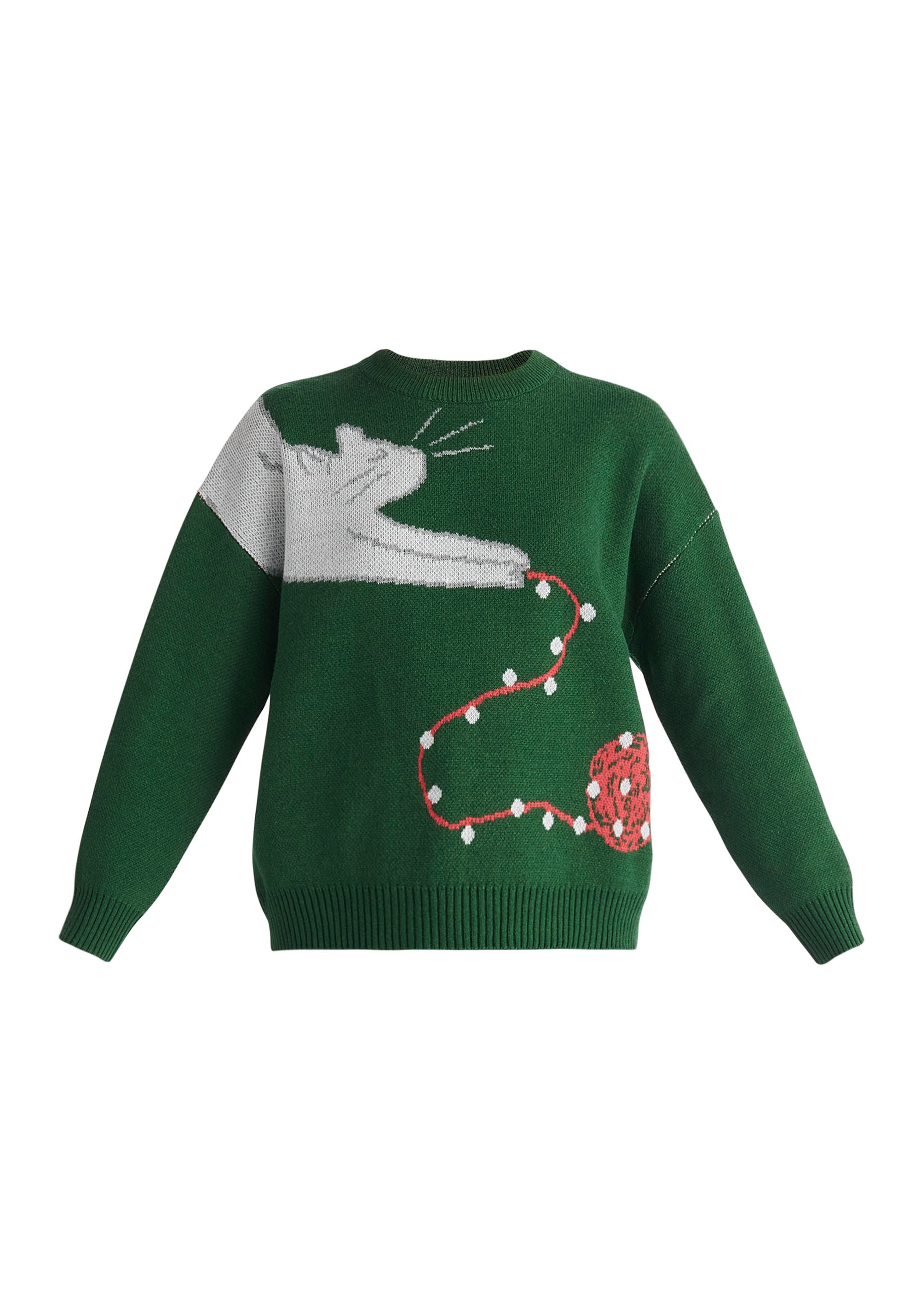 Paisie Christmas Cat Jumper in Dark Green Cut Out