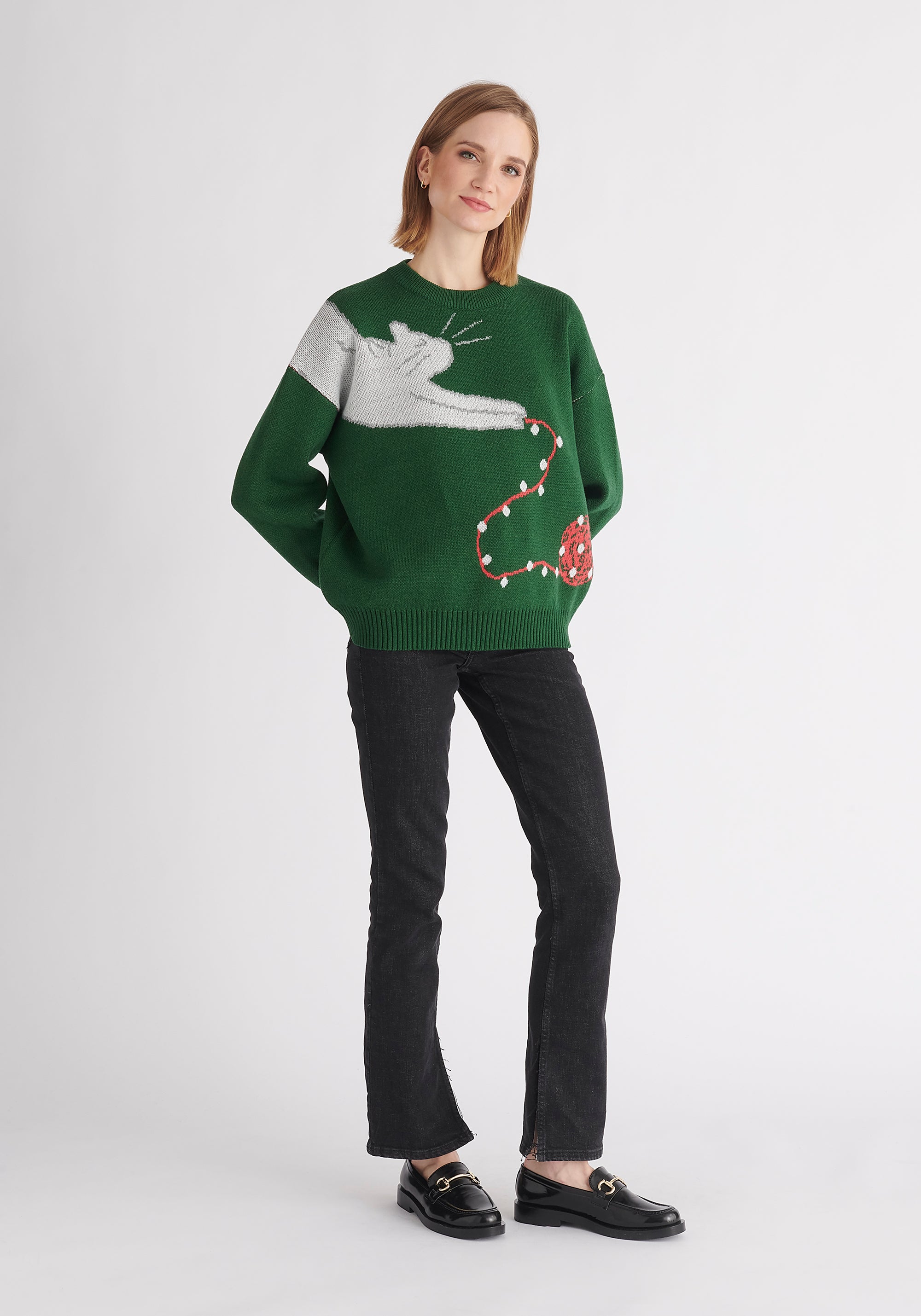 Paisie Christmas Cat Jumper in Dark Green