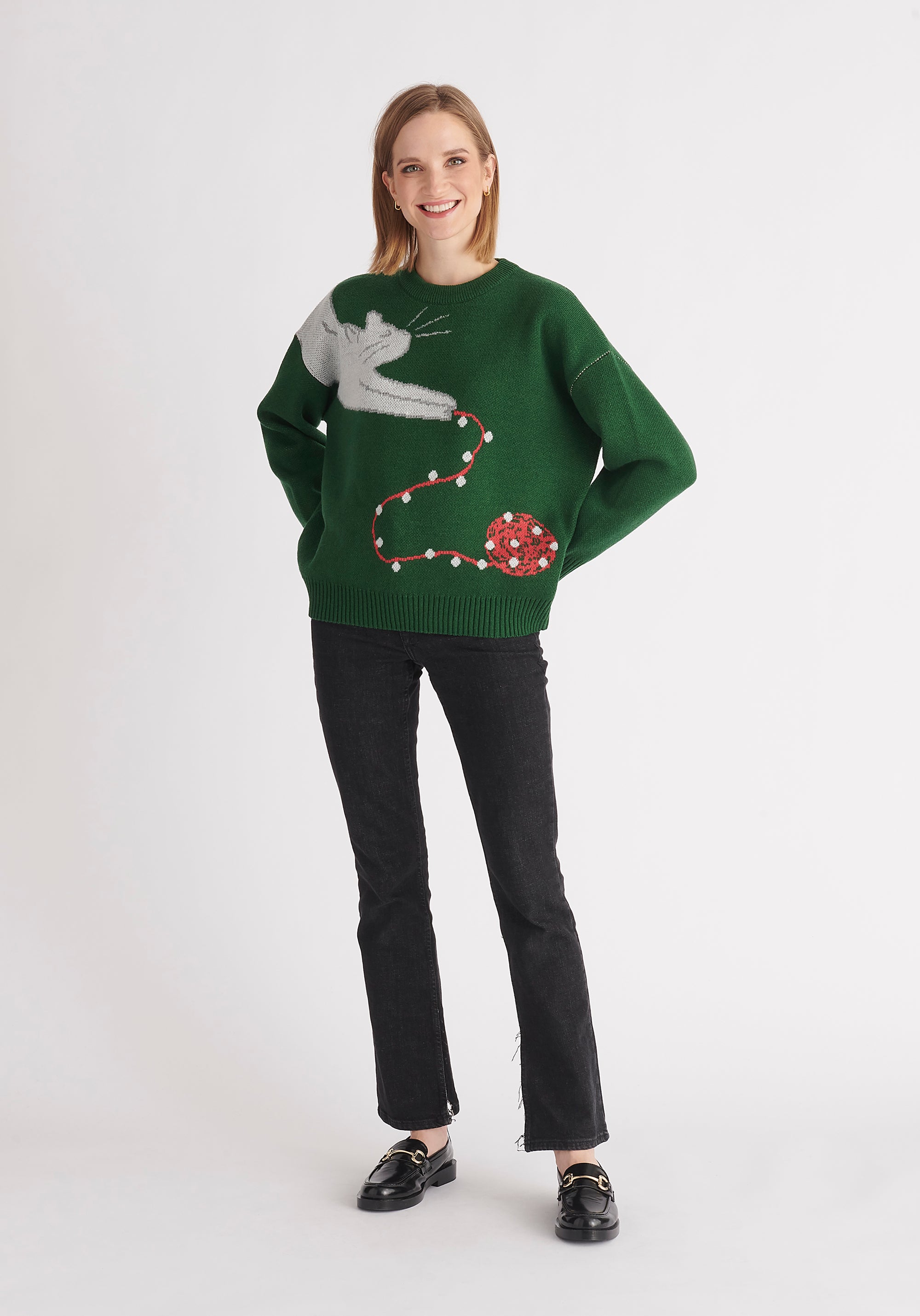 Paisie Christmas Cat Jumper in Dark Green