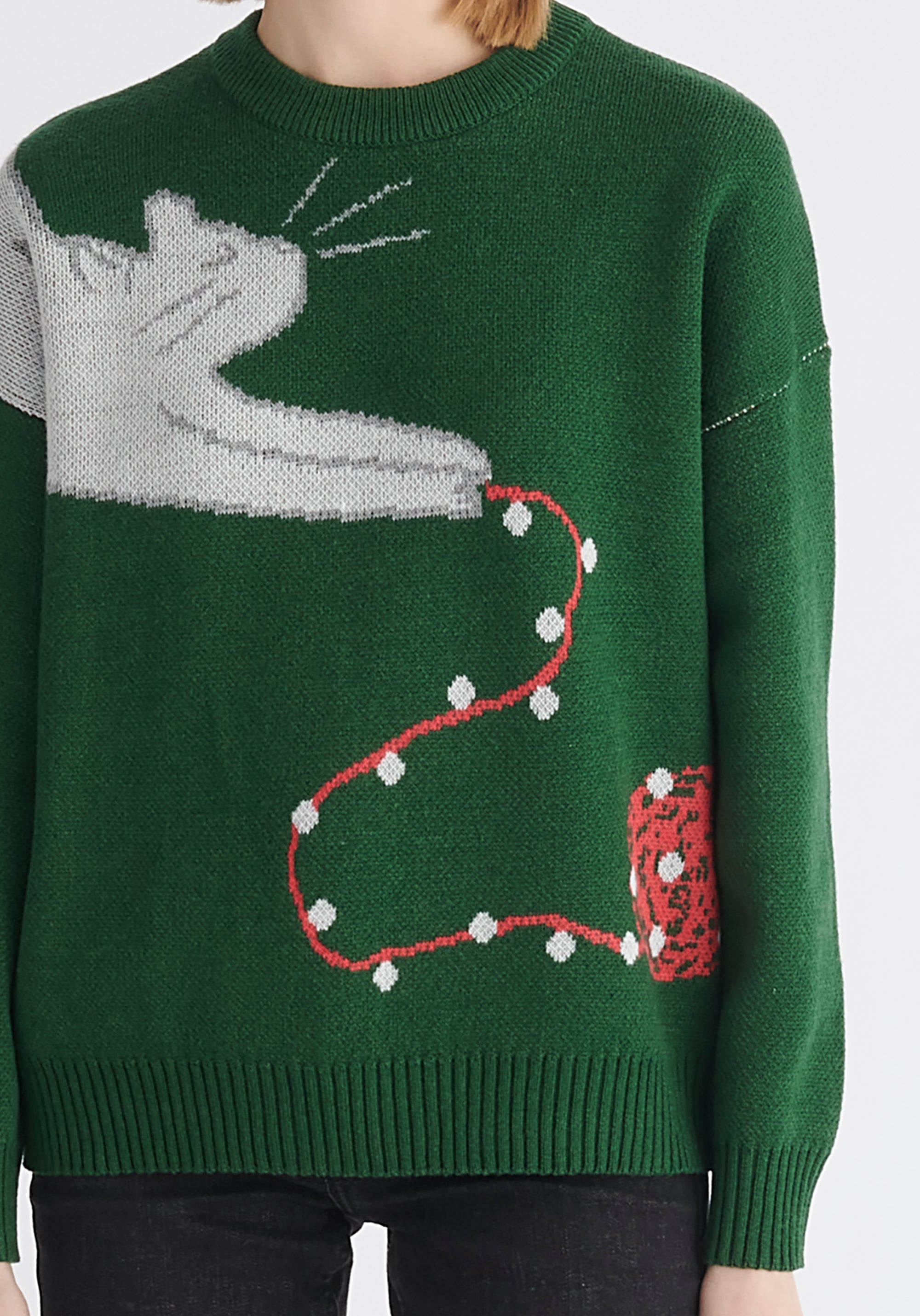 Paisie Christmas Cat Jumper in Dark Green Close Up