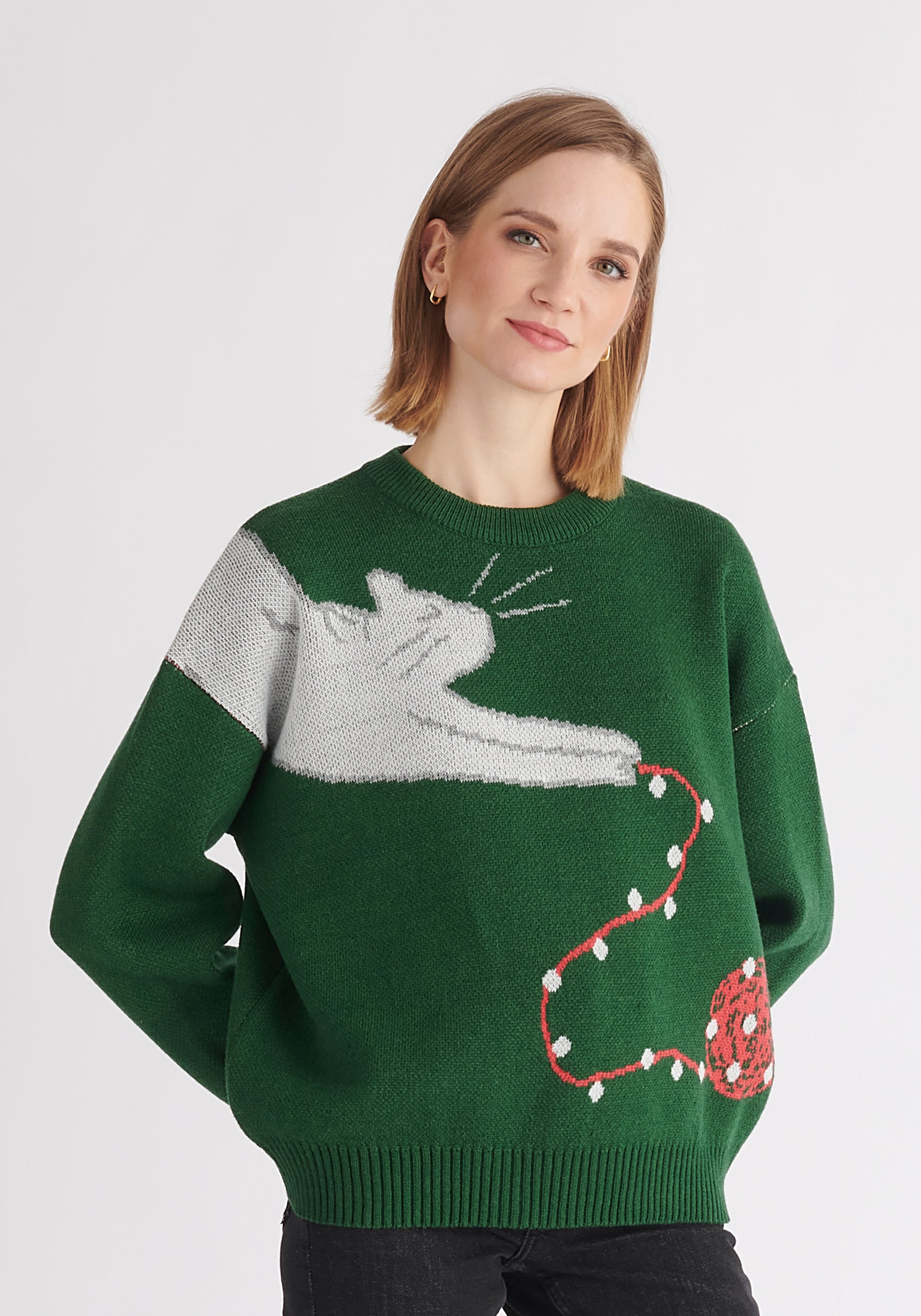 Paisie Christmas Cat Jumper in Dark Green
