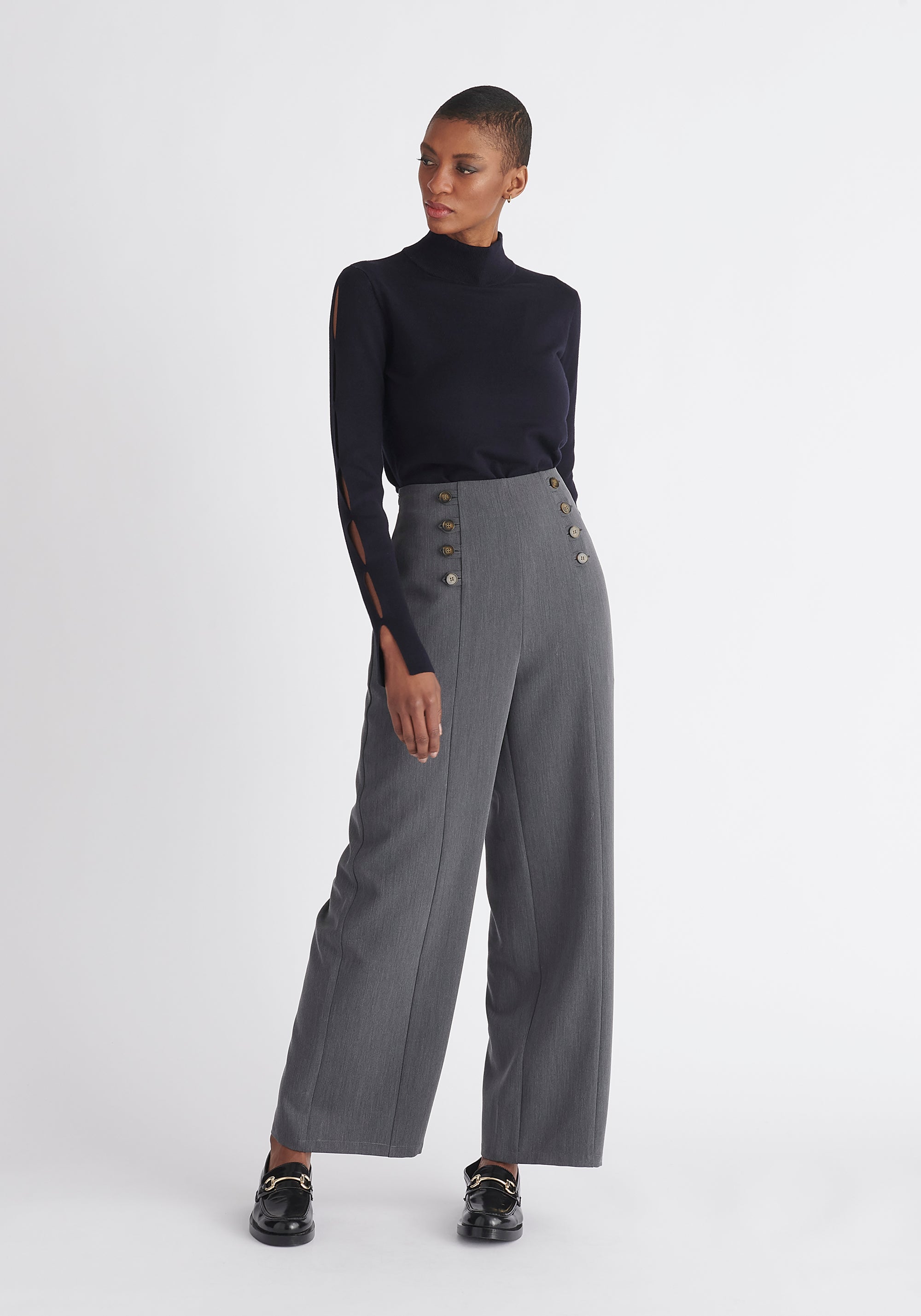 Paisie Knitted Cut Out Sleeve Top in Navy
