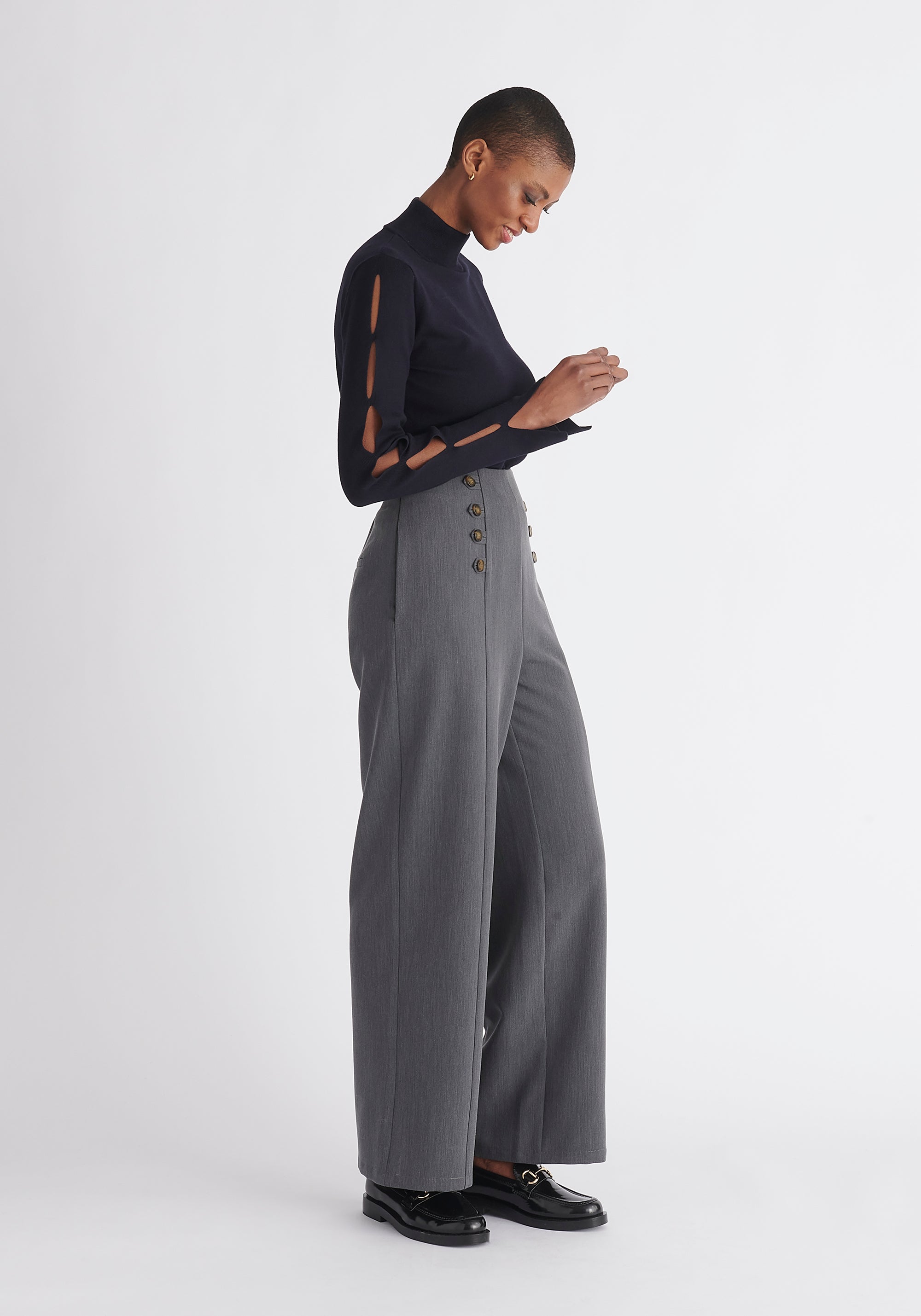 Paisie Knitted Cut Out Sleeve Top in Navy Side