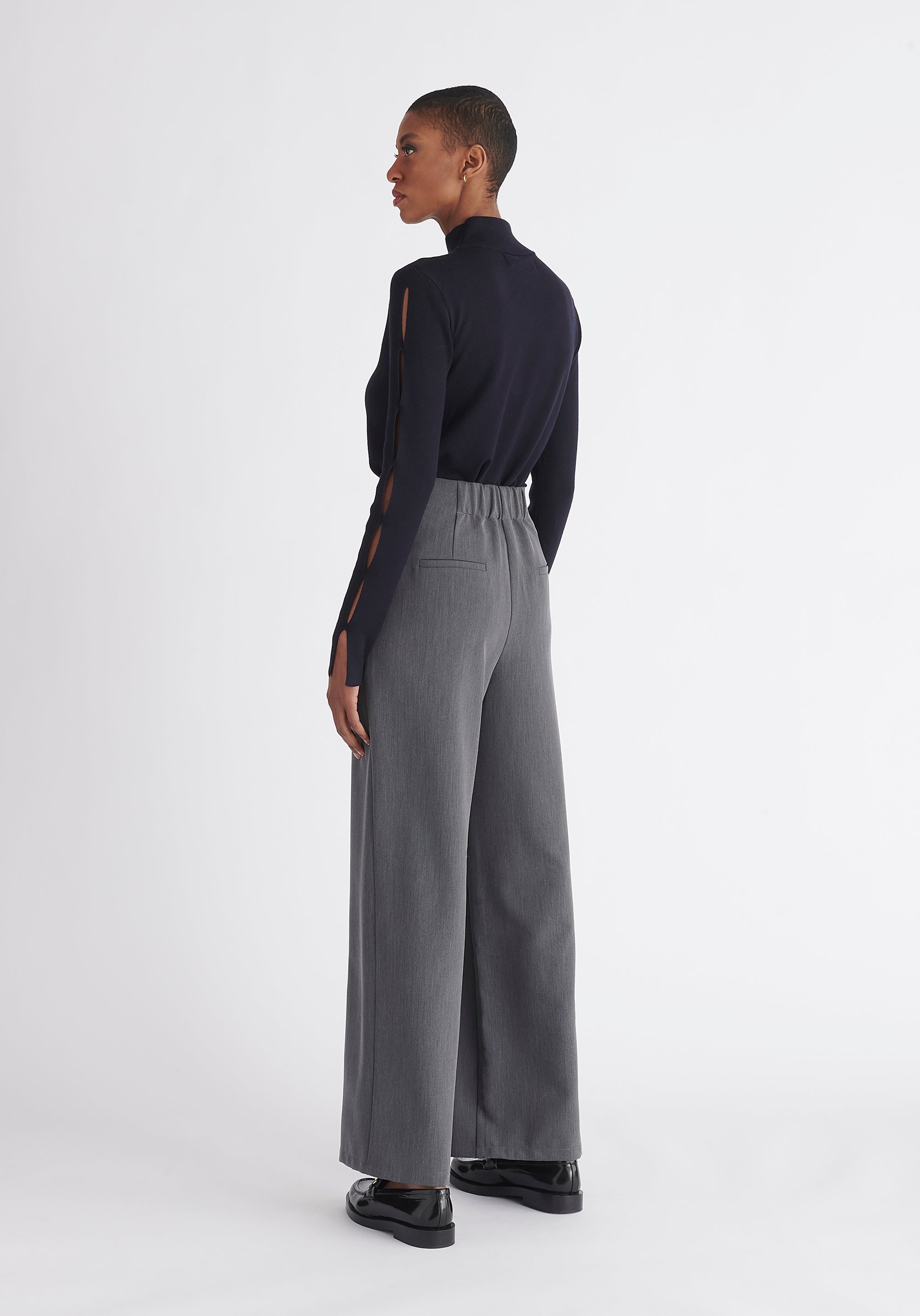 Paisie Knitted Cut Out Sleeve Top in Navy Back