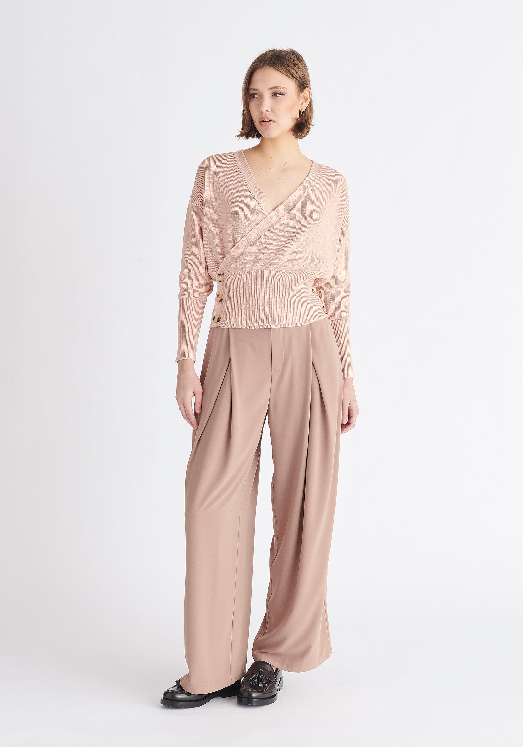 Paisie Button Knitted Wrap Top in Pink