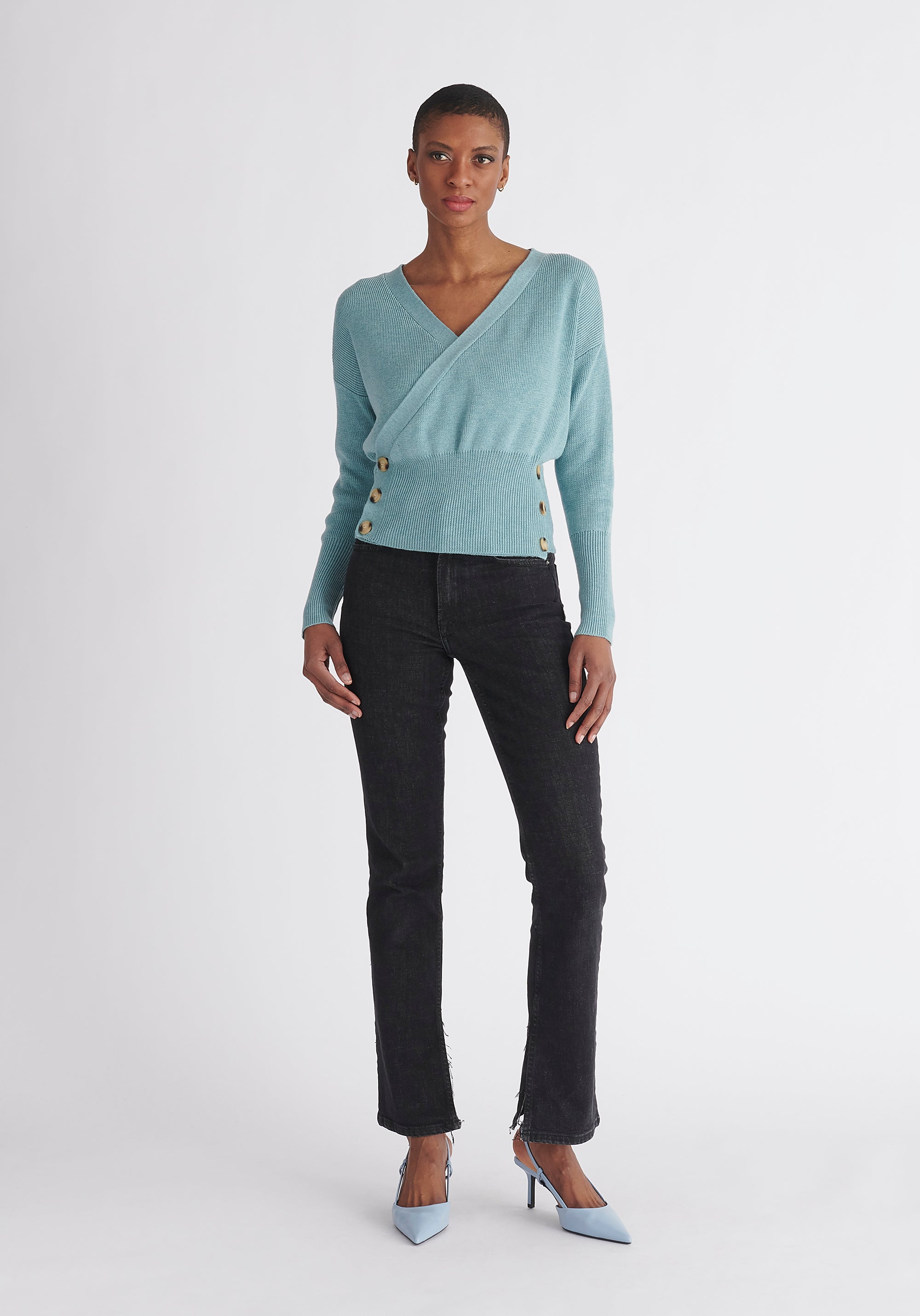 Paisie Button Knitted Wrap Top in Teal