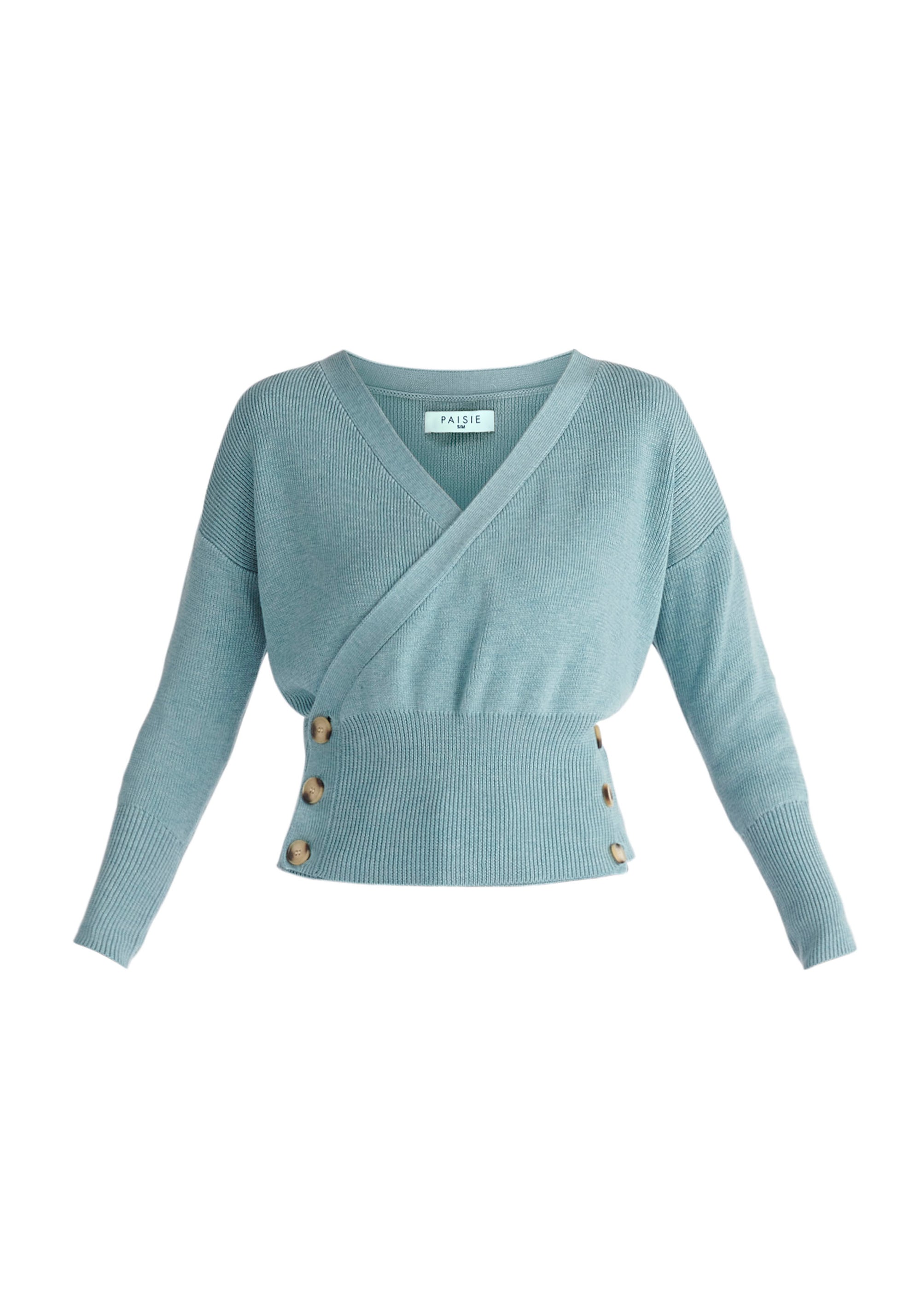 Paisie Button Knitted Wrap Top in Teal Cut Out