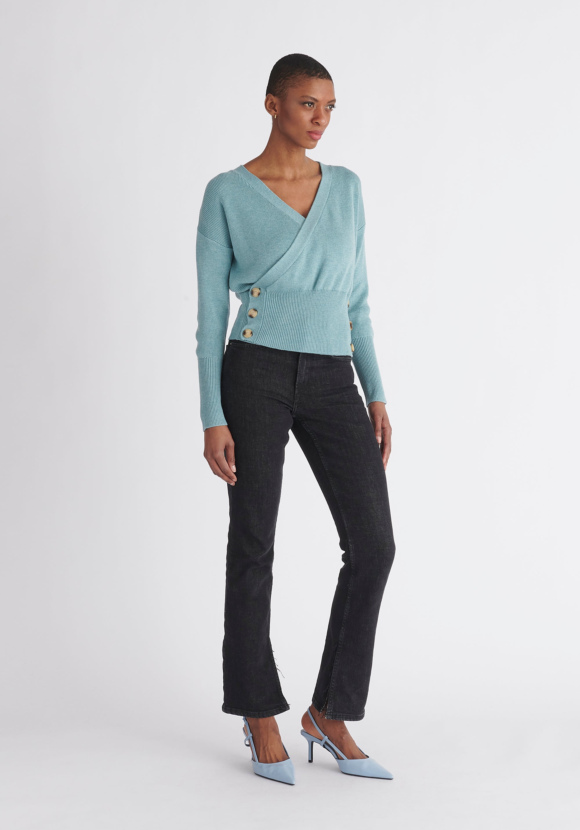Paisie Button Knitted Wrap Top in Teal