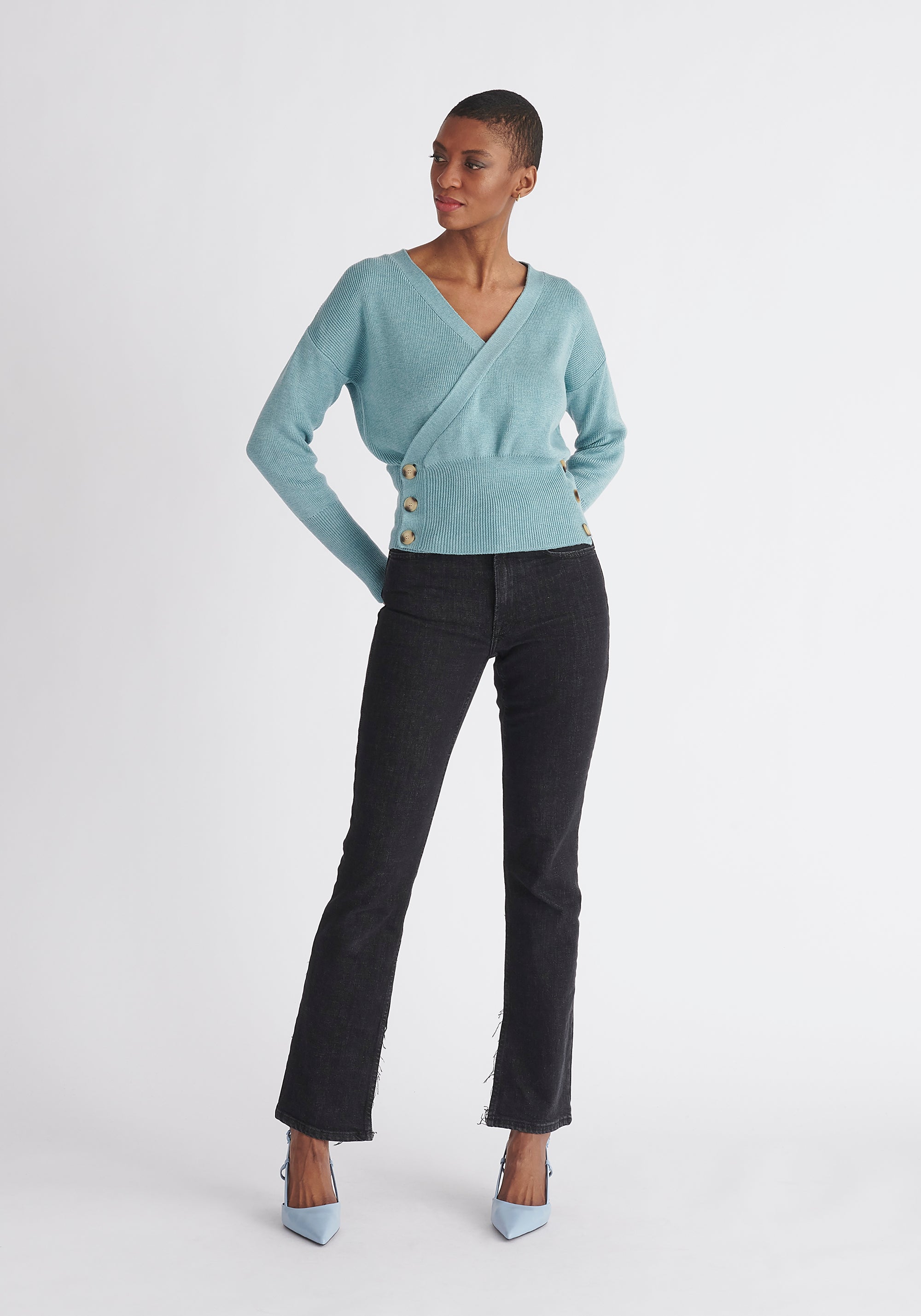 Paisie Button Knitted Wrap Top in Teal