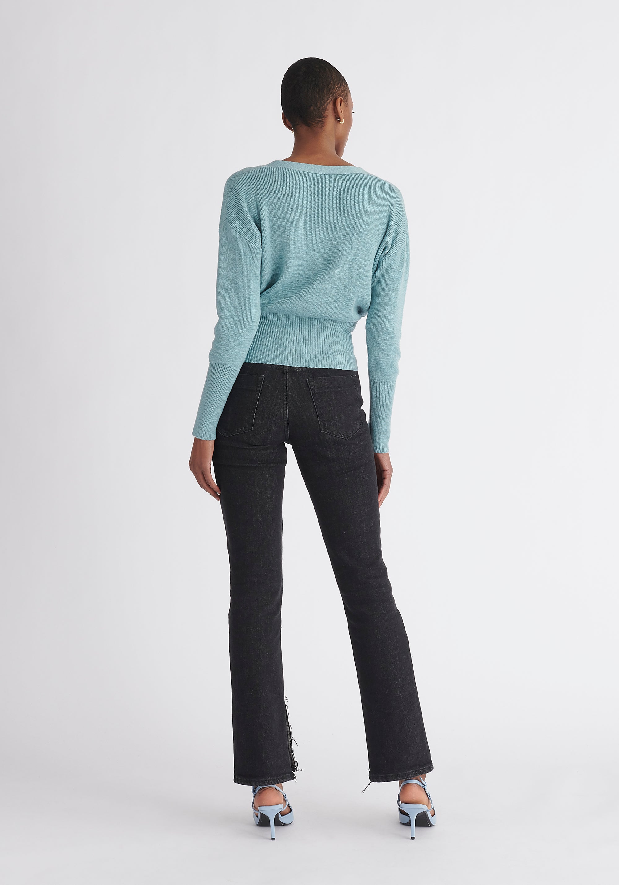 Paisie Button Knitted Wrap Top in Teal Back