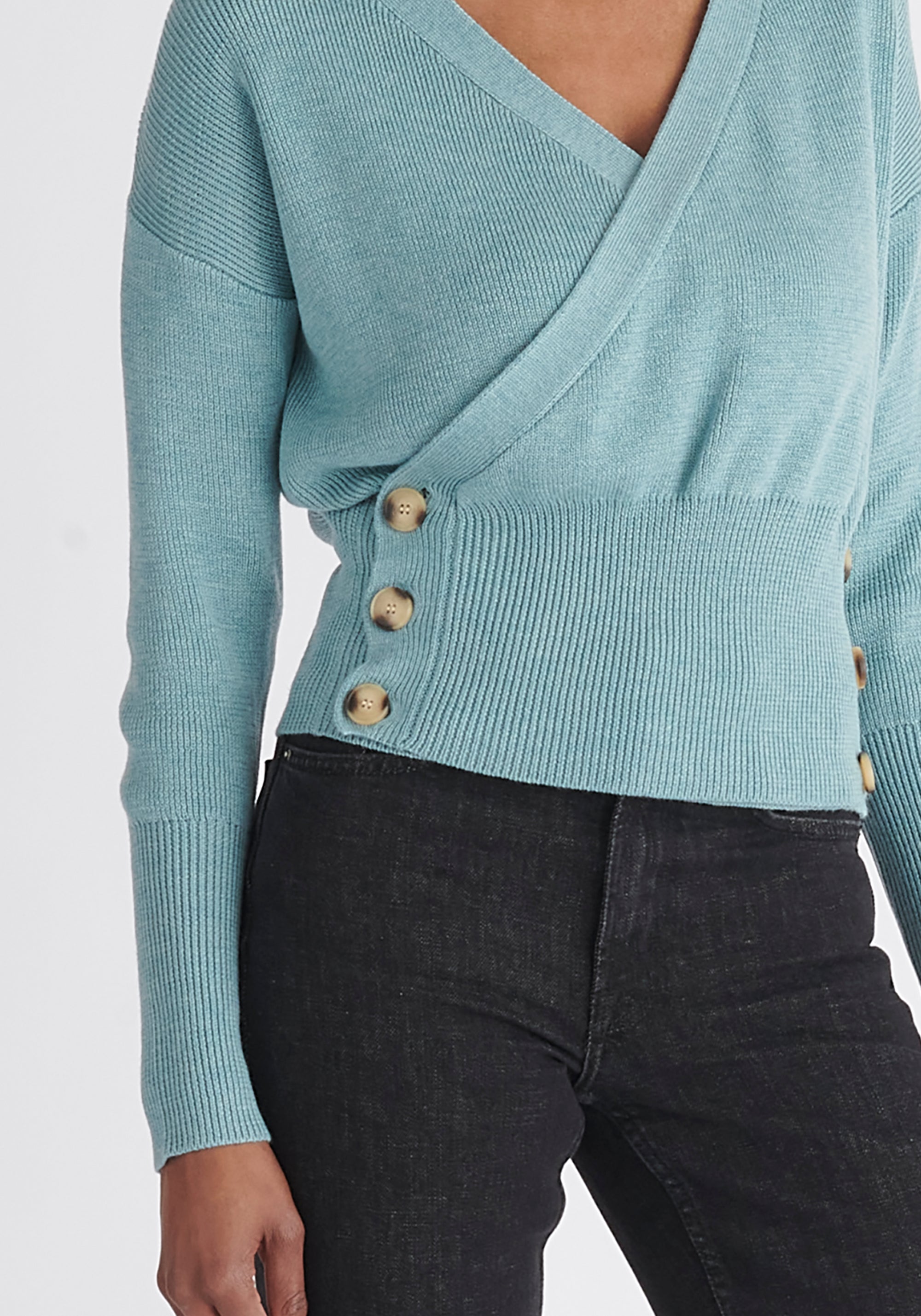 Paisie Button Knitted Wrap Top in Teal Close Up