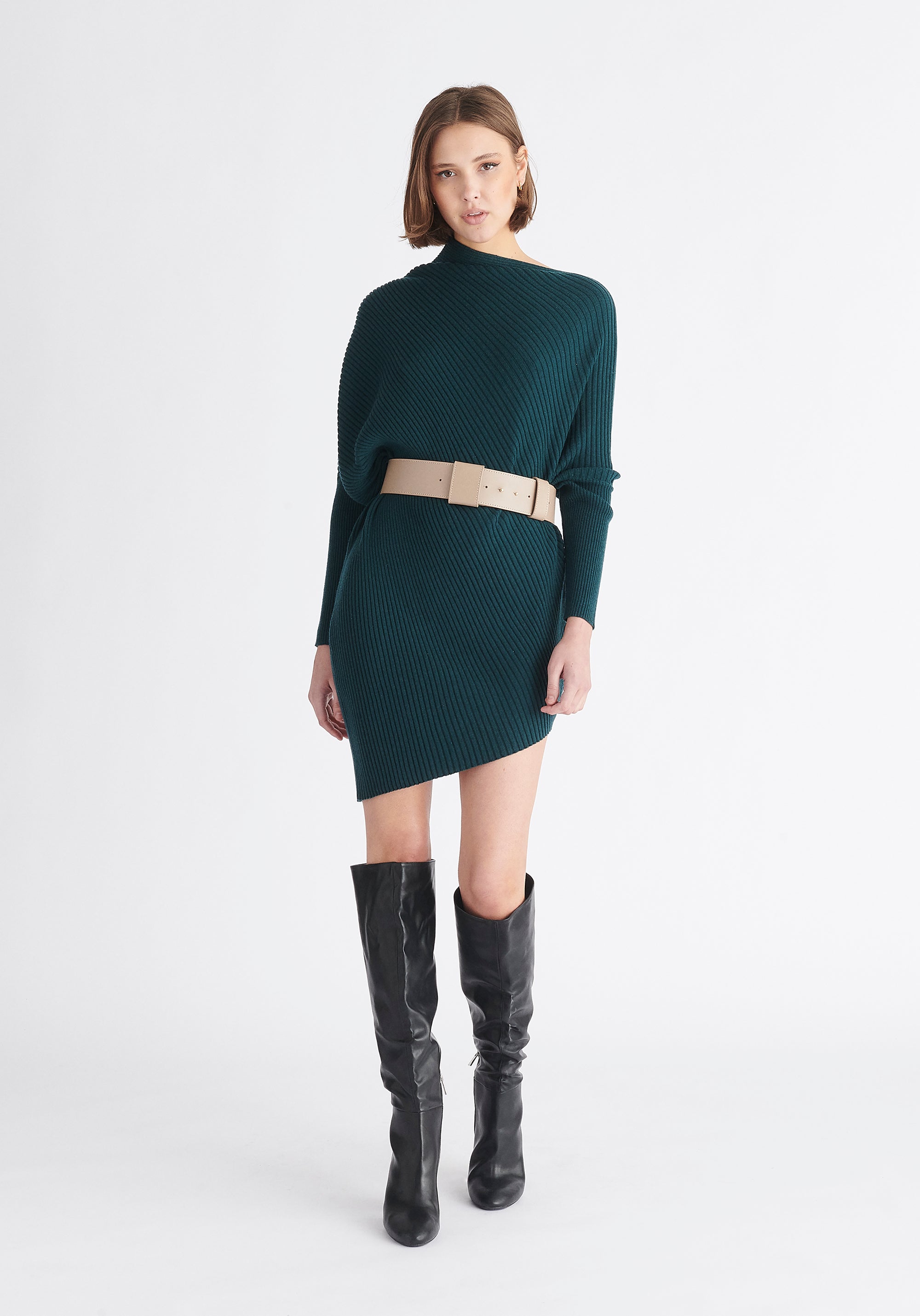 Paisie Draped Jumper Dress in Dark Green