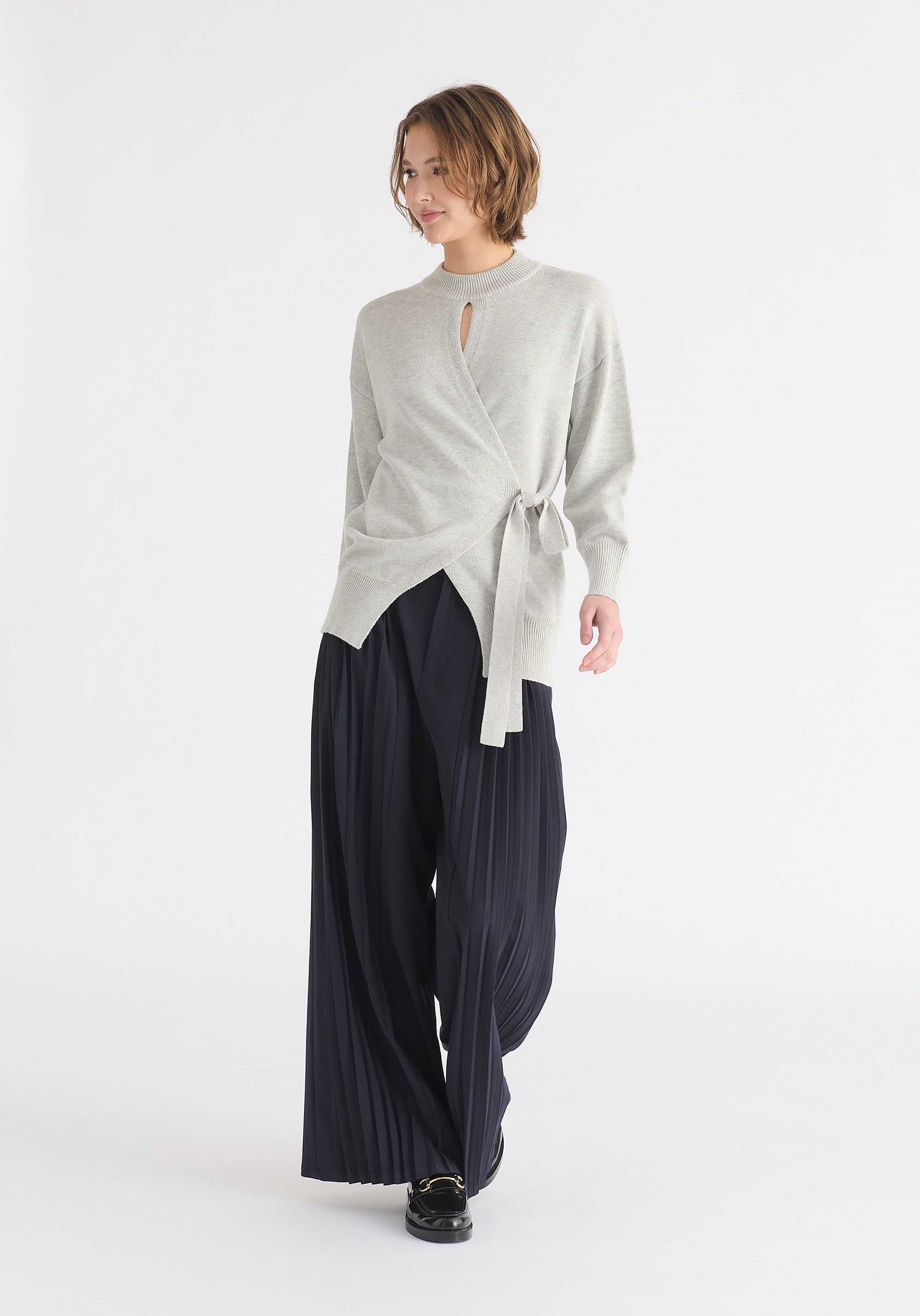 Open Front Mock Neck Wrap Jumper in Light Grey Front