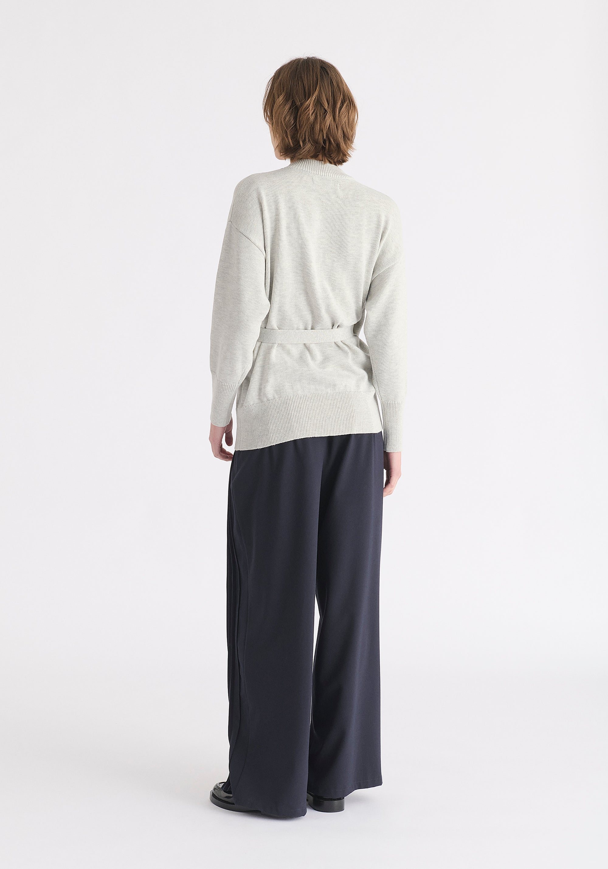 Open Front Mock Neck Wrap Jumper in Light Grey Back