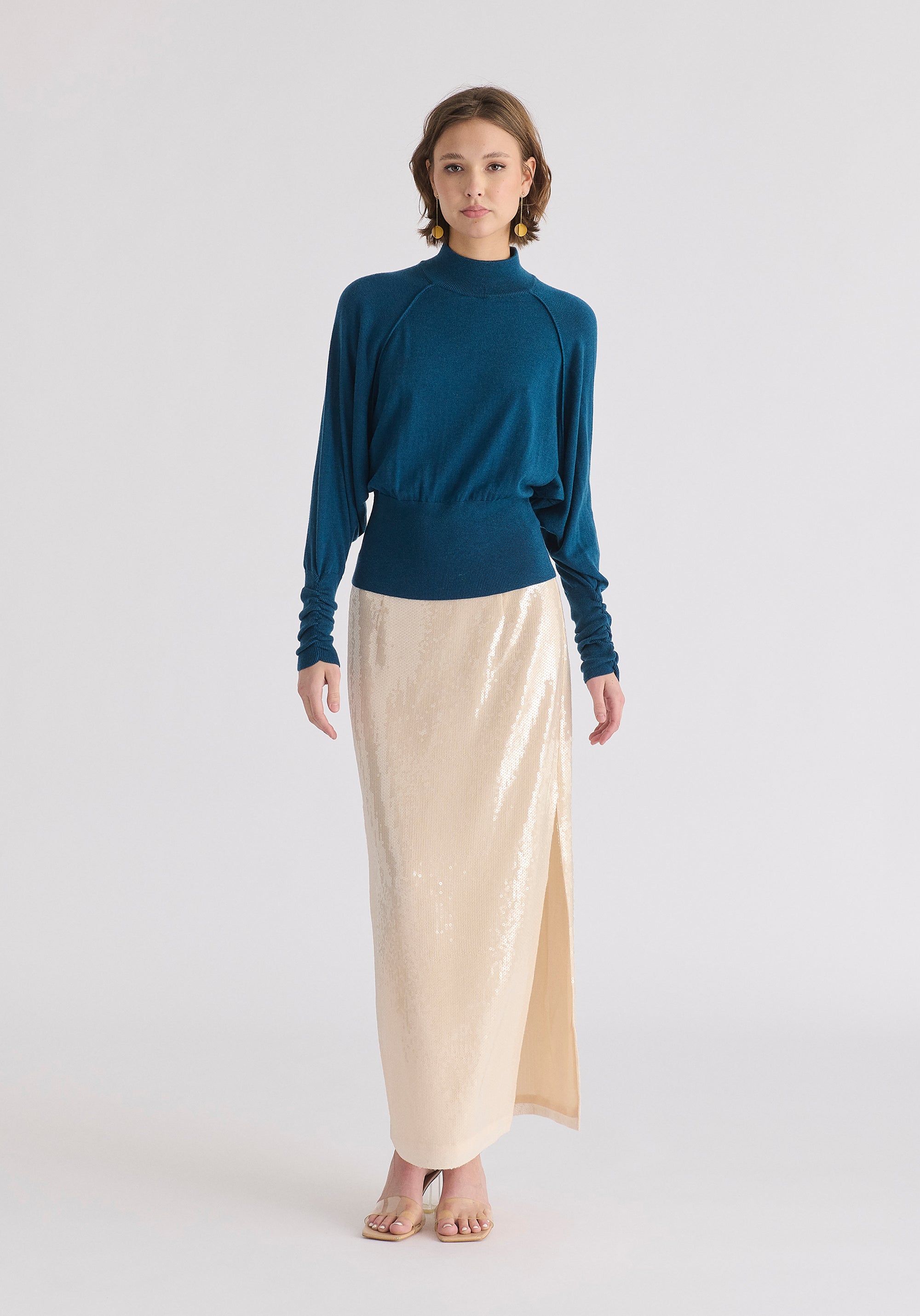 Mock Neck Batwing Jumper with Ruched Cuffs in Turquoise