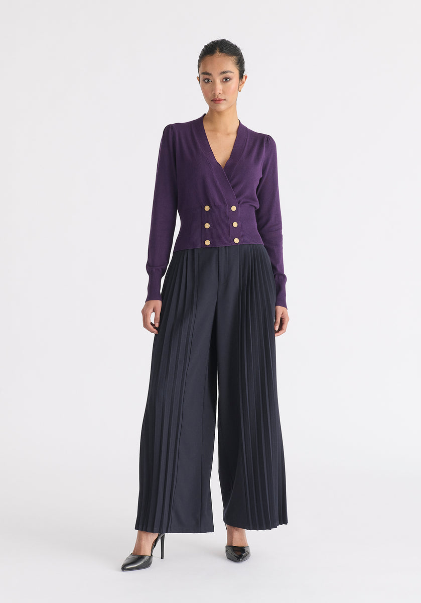 Long Sleeve Knitted Button Wrap Top in Midnight Plum | Knitwear – Paisie