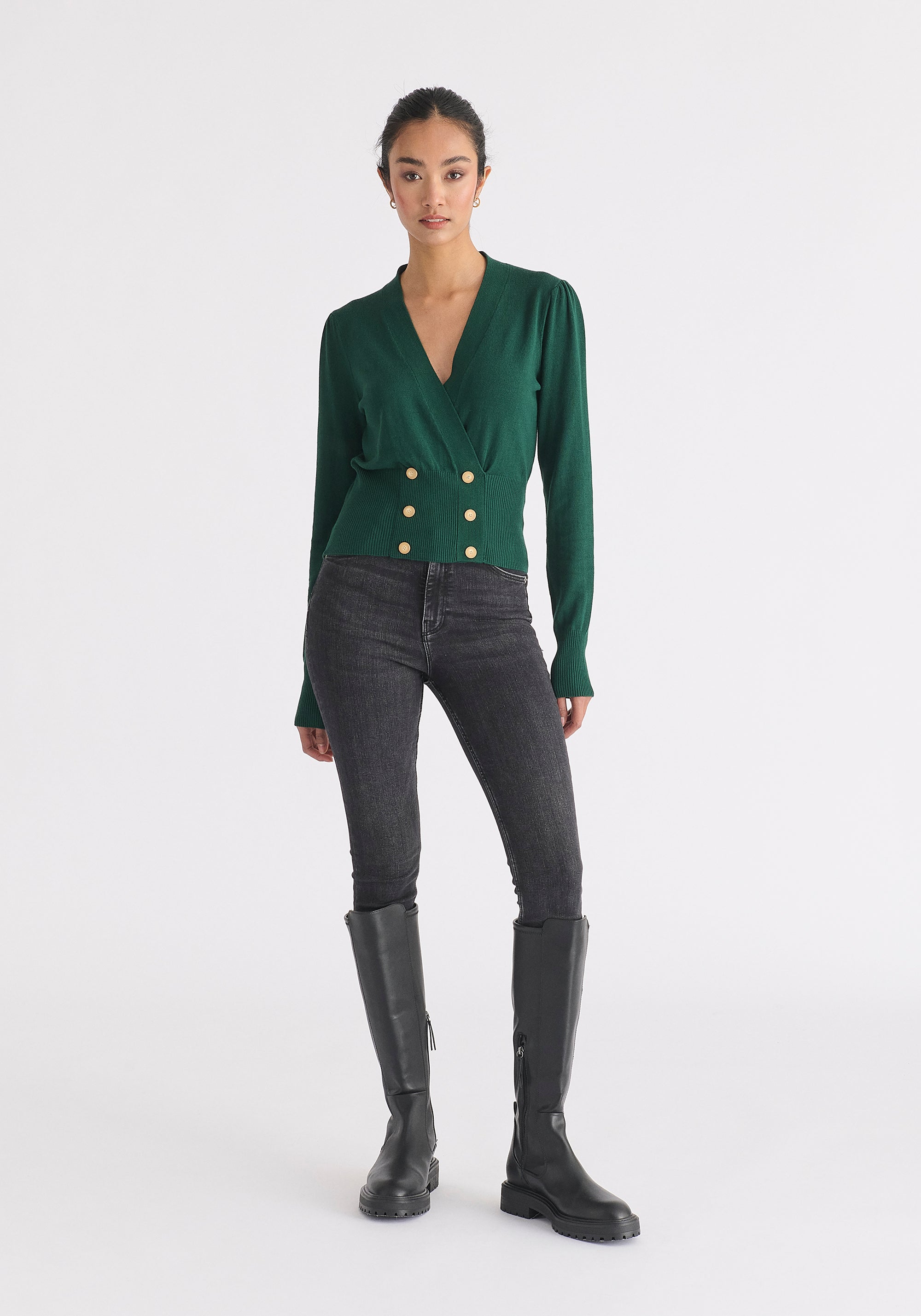 Long Sleeve Knitted Button Wrap Top Front